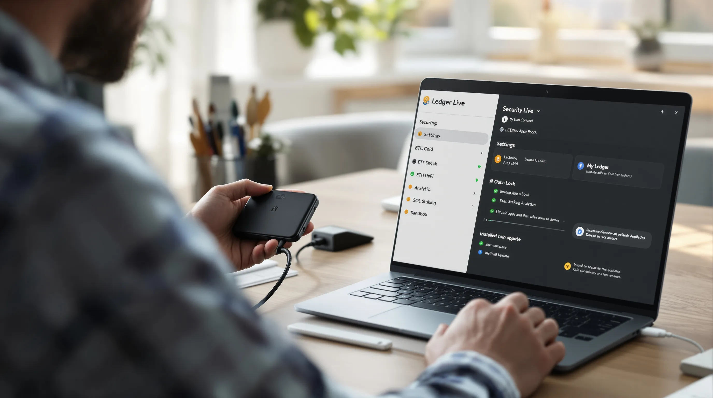 User secures Ledger Live and adds labeled crypto accounts on a laptop.