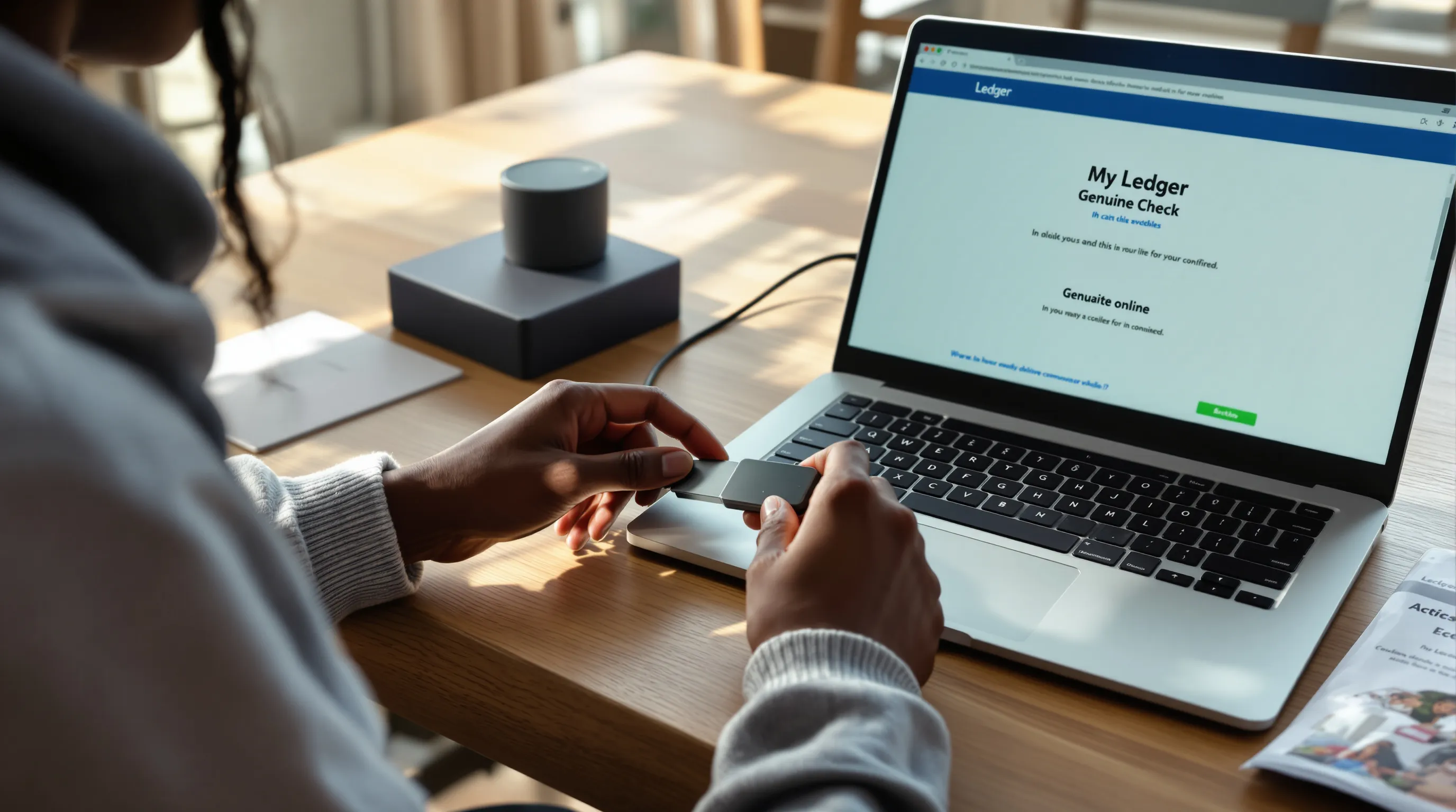 User runs Ledger Live Genuine Check with sealed box and blank recovery sheet.