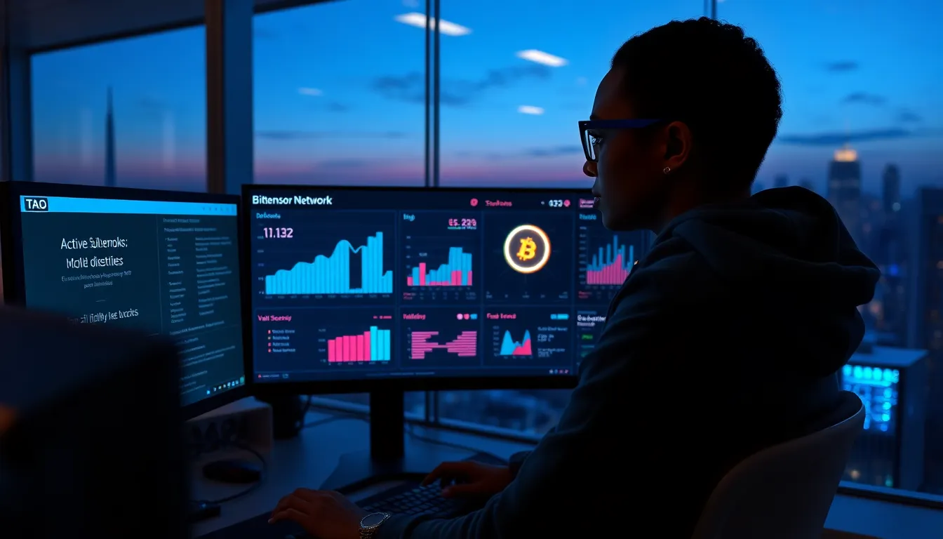 Engineer reviews Bittensor TAO subnet metrics in a U.S. tech office at dusk.