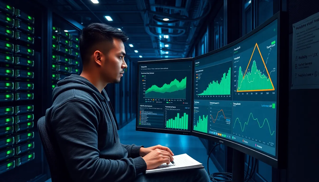 Engineer reviews decentralized GPU cloud dashboard in a U.S. data center.