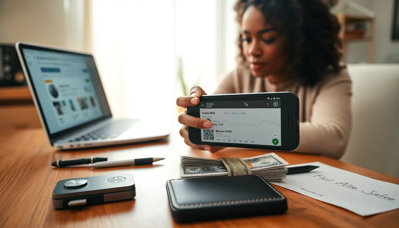 Woman prepares wallet with QR code, cash, and safety backups at home.