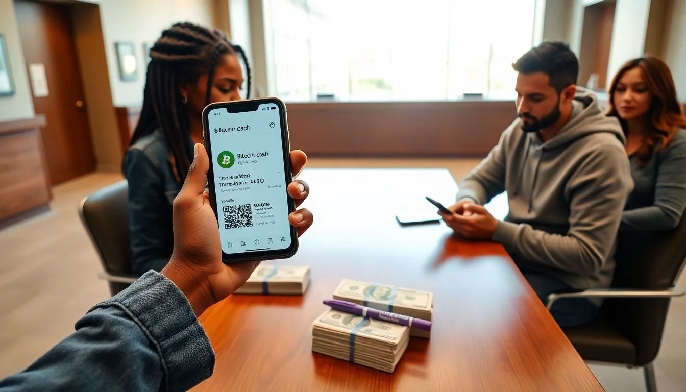 Buyer verifies Bitcoin transaction on phone before paying cash in a bank lobby.
