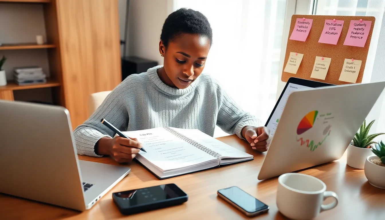 Woman writing a crypto budget and risk plan at a sunlit home desk.