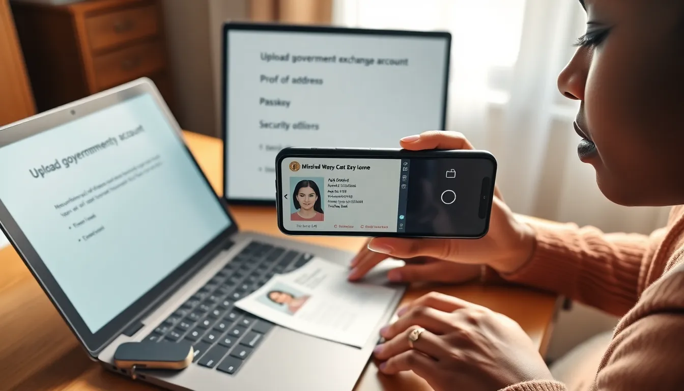 Woman setting up crypto account with ID upload and 2FA security at home.