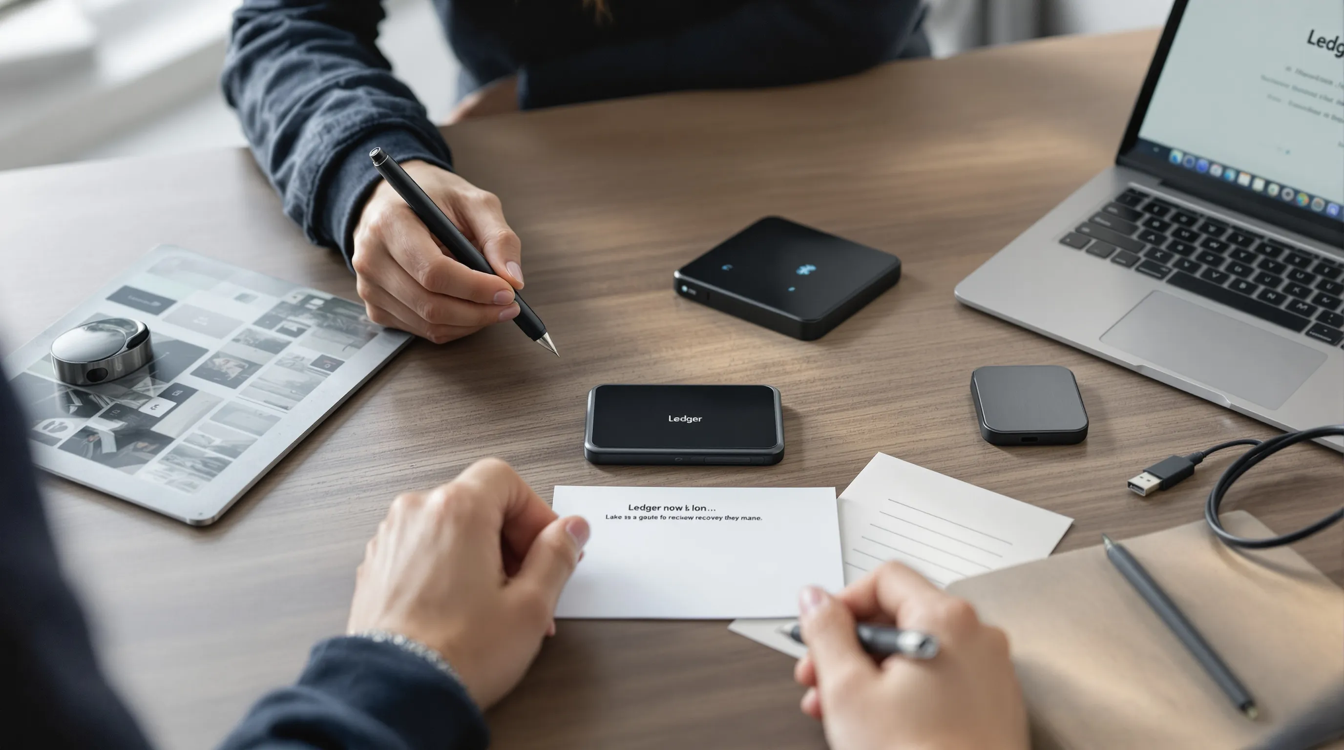 Woman comparing Ledger Stax, Nano X, and Nano S Plus at a tidy desk.