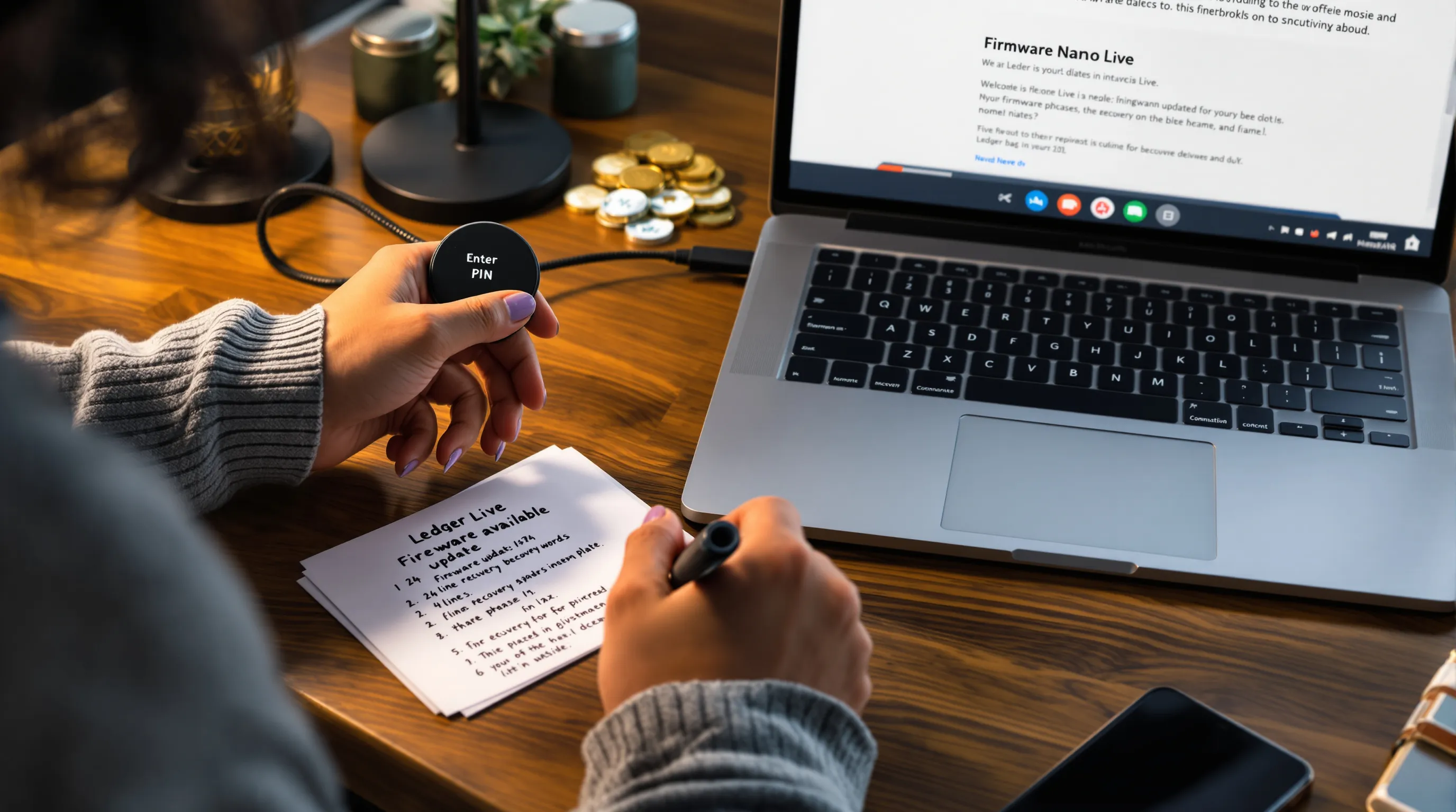 Hands setting up a Ledger wallet with PIN and offline recovery phrase.