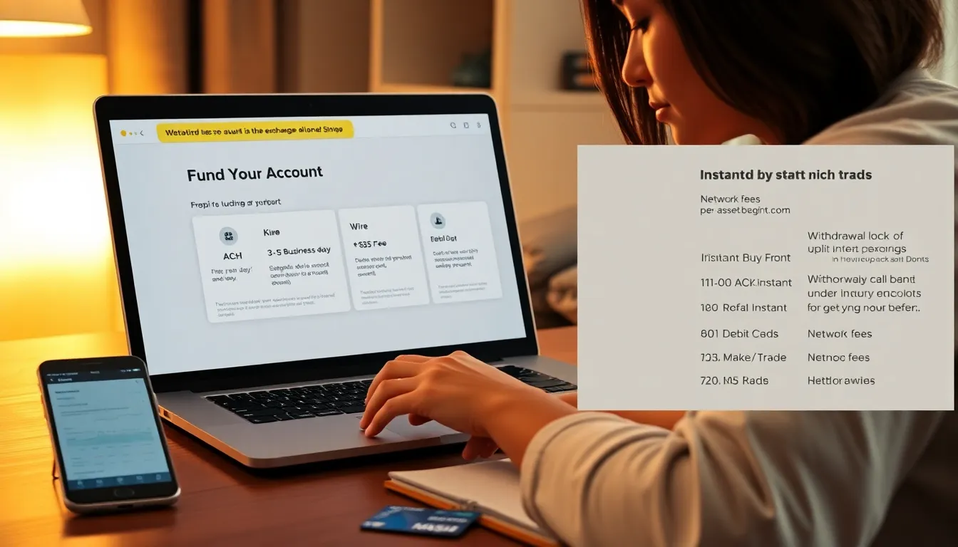 Beginner reviews crypto funding options and fees on a laptop at night.