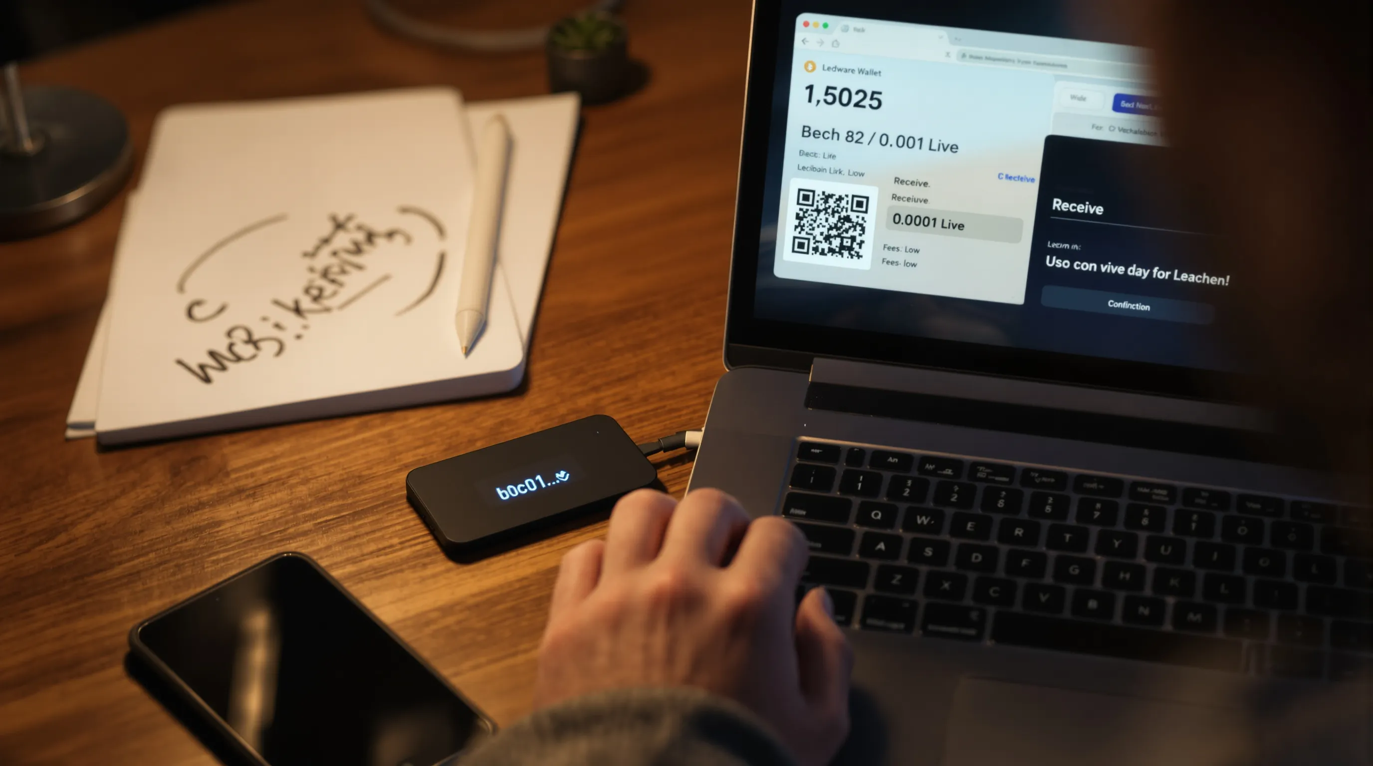User verifies Ledger wallet address against laptop before a small test transaction.