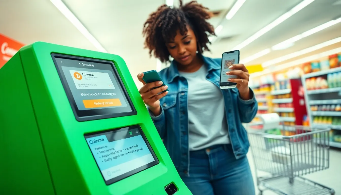 Woman buys bitcoin with cash at a grocery store crypto kiosk.
