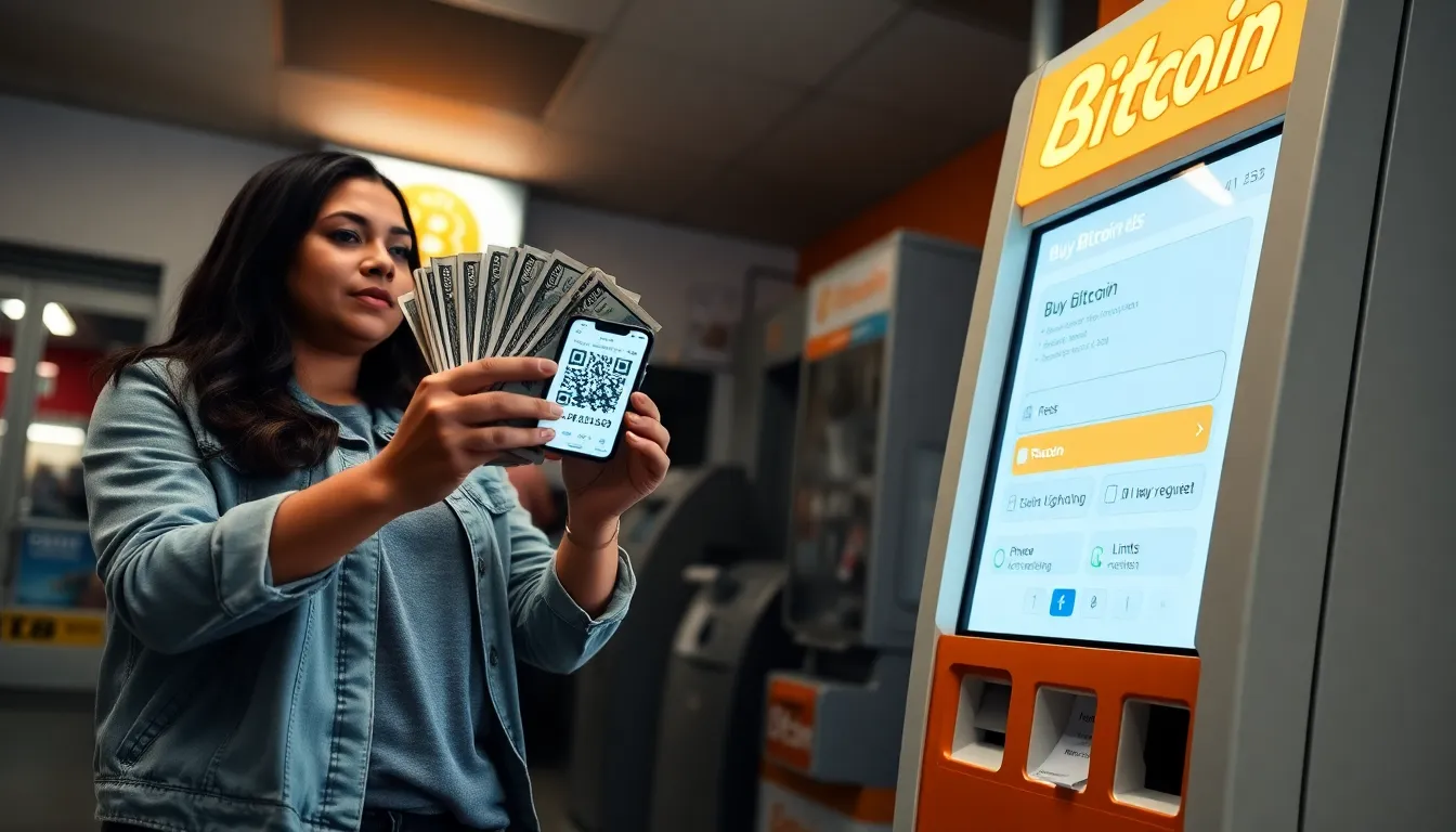 Woman scans wallet QR at a Bitcoin ATM to buy with cash.