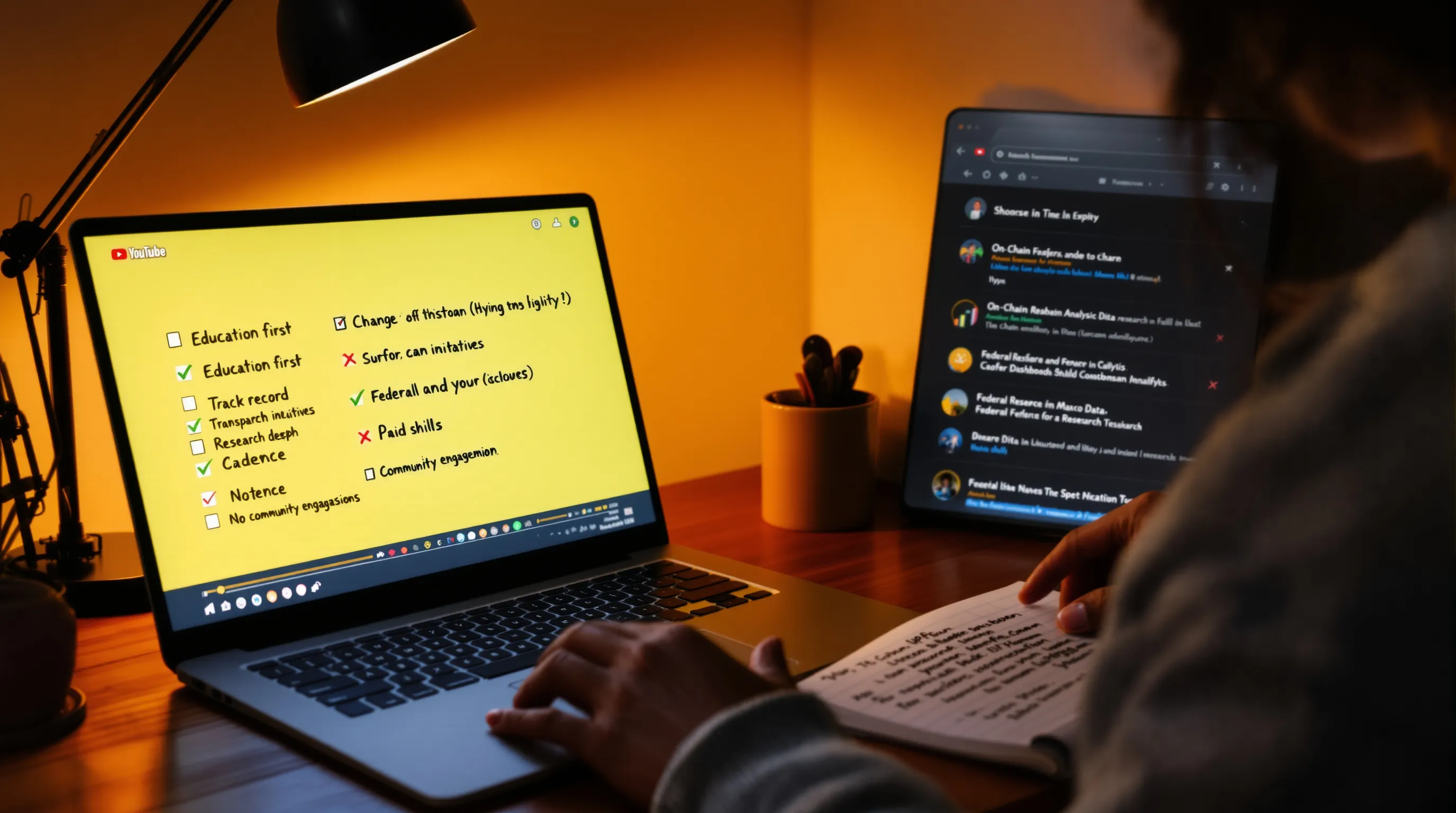 Woman auditing crypto YouTube channels with checklist and verified research sources.