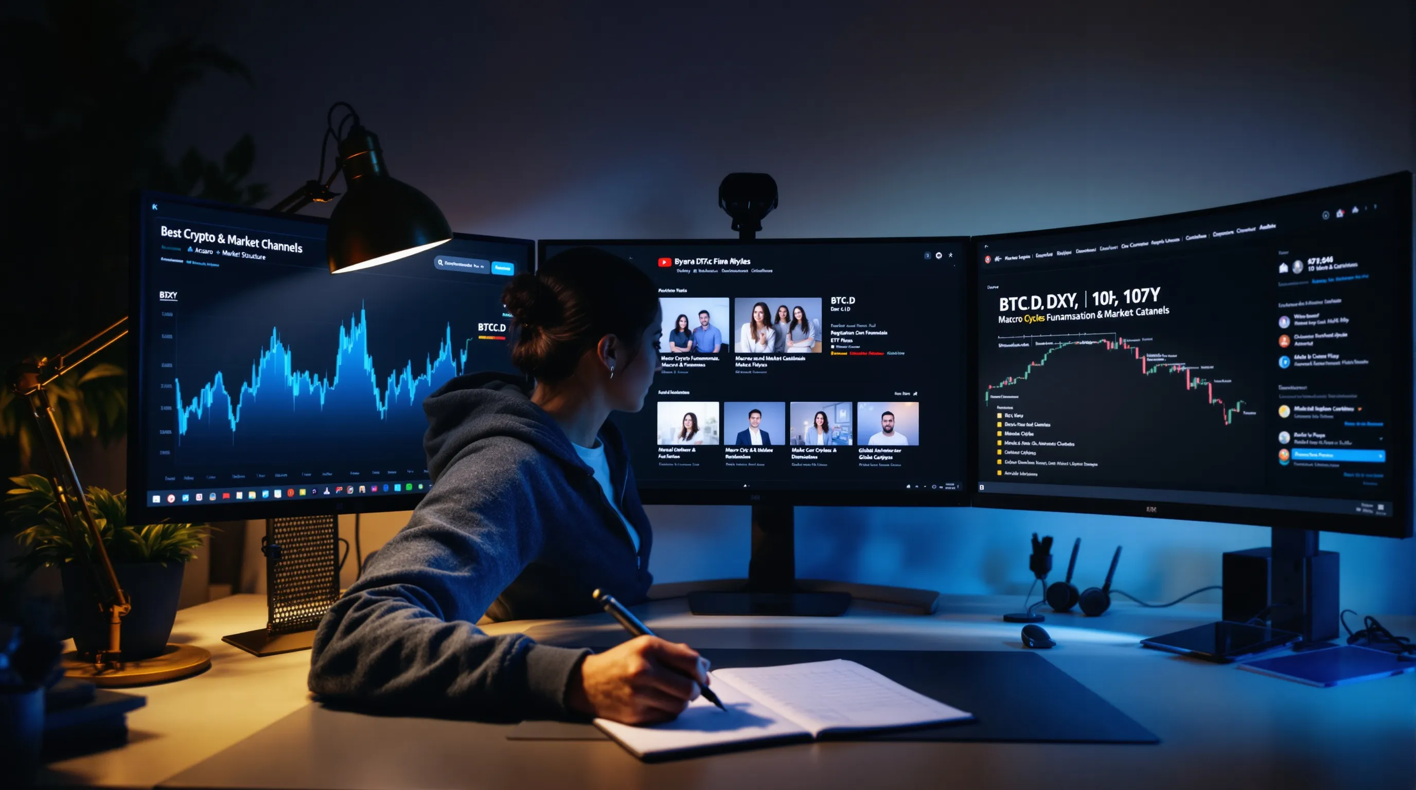 Analyst reviews crypto macro charts and YouTube channels on triple monitors at dusk.