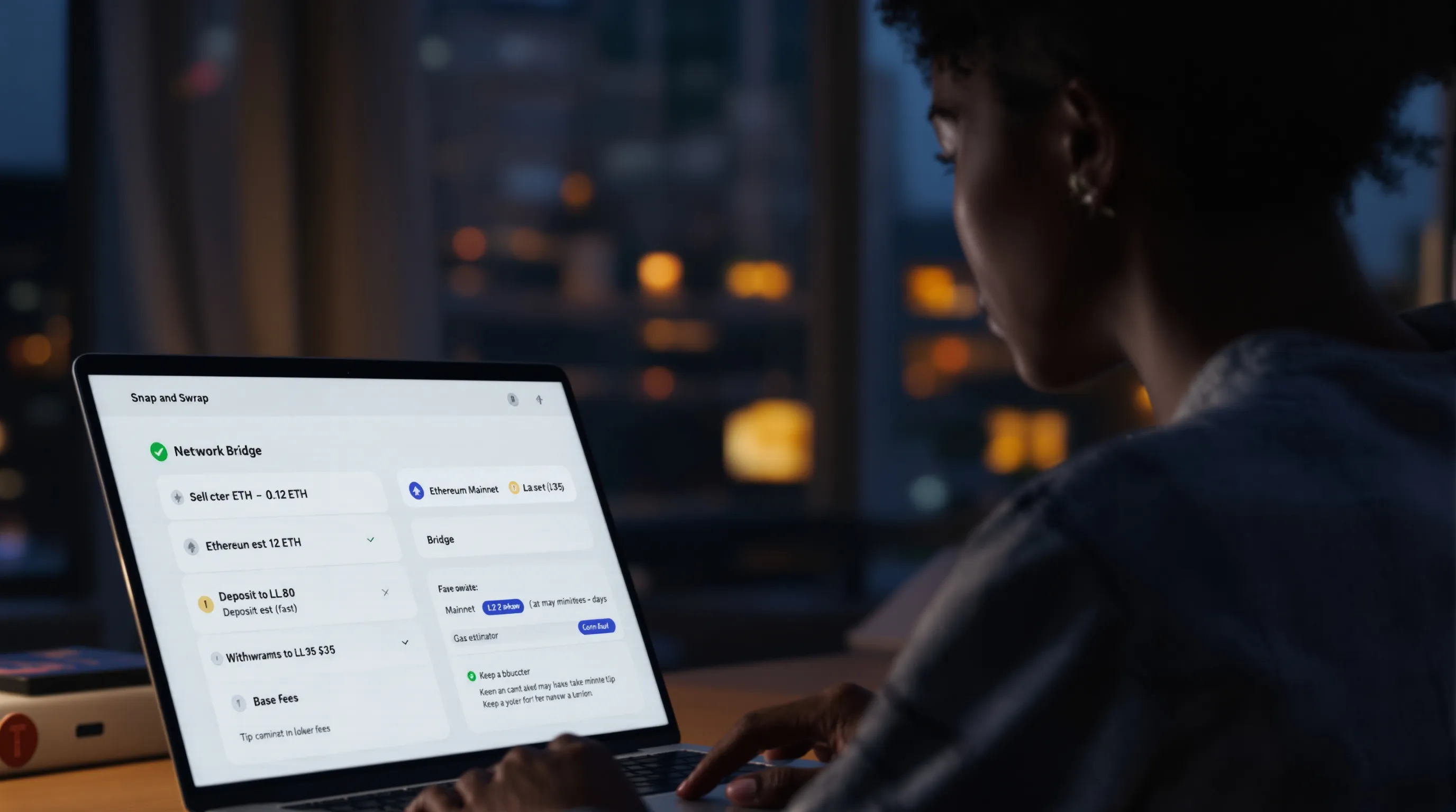 Woman reviewing ETH, bridge, and gas fees on a Uniswap-like interface.