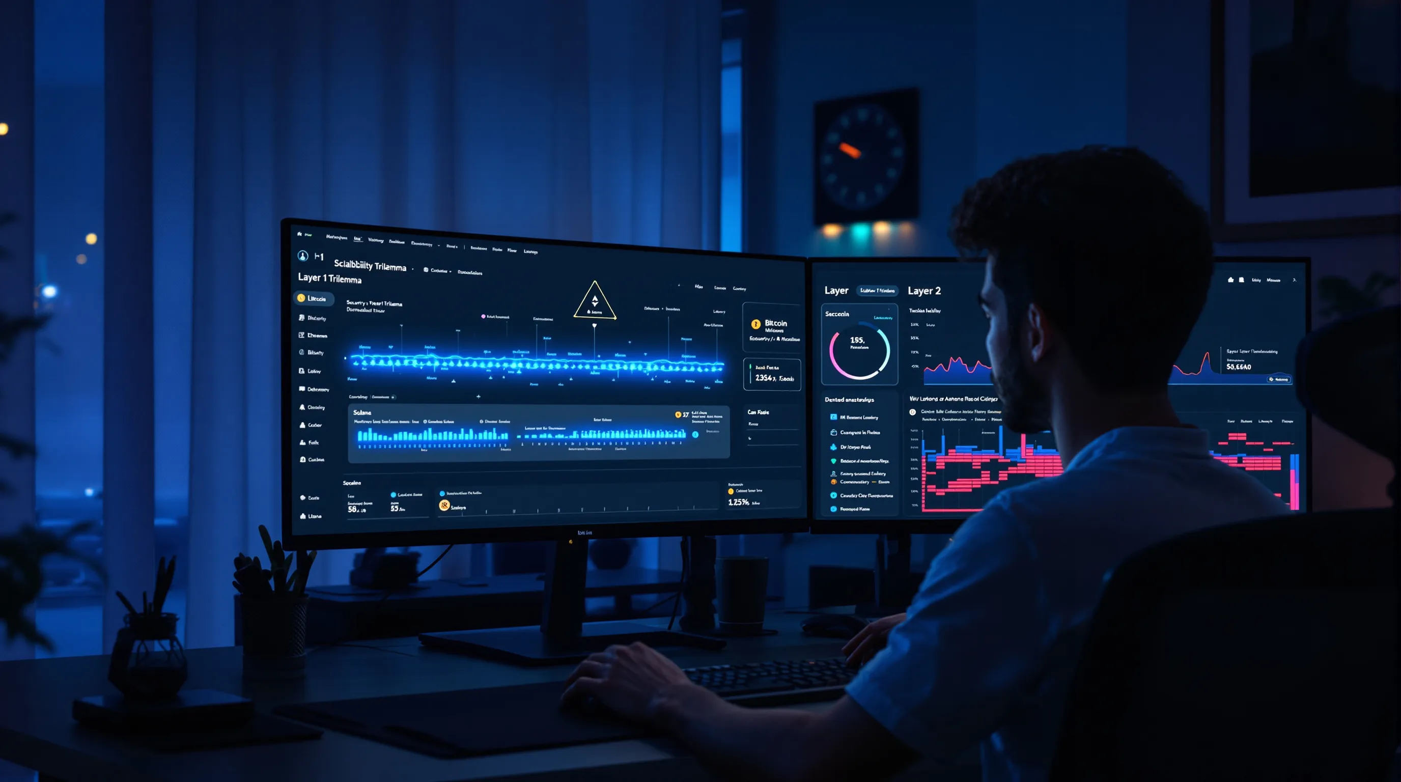 Person studying layer 1 vs layer 2 blockchain diagrams on dual monitors at night.