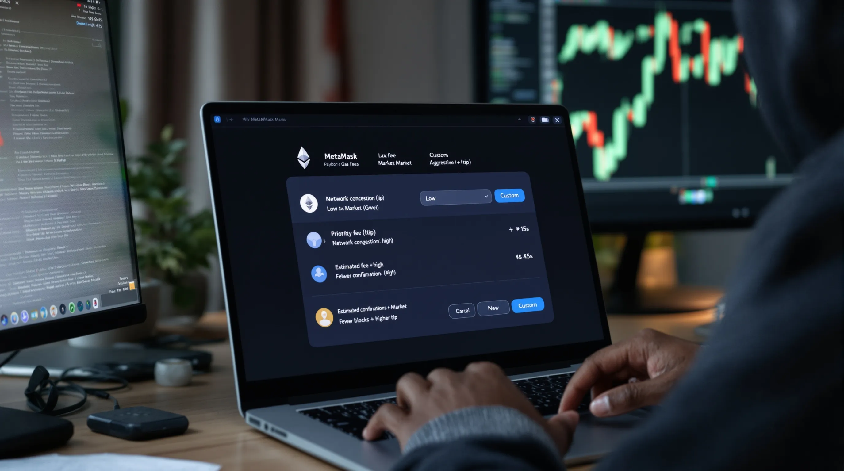 Over-shoulder view of MetaMask gas fee presets and custom settings on laptop.