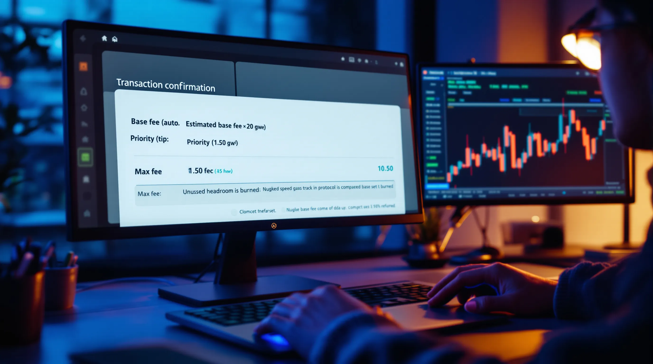 Trader adjusts MetaMask base, tip, and max gas fees on laptop at night.