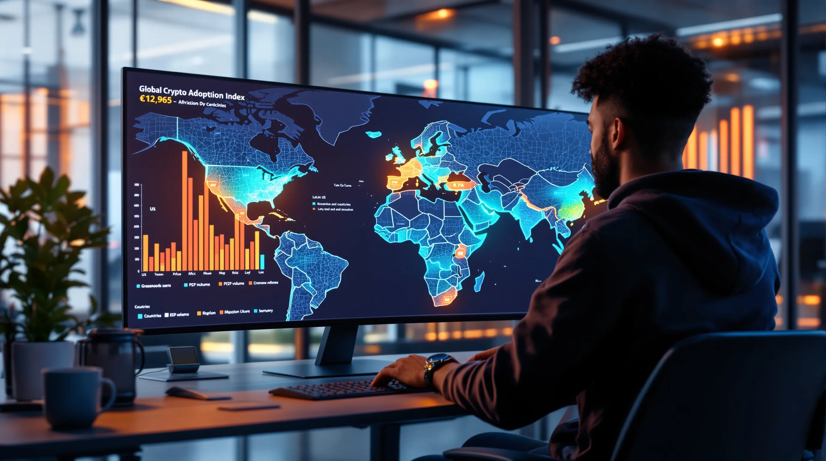Analyst studies world map dashboard comparing crypto transaction volume and grassroots adoption index.