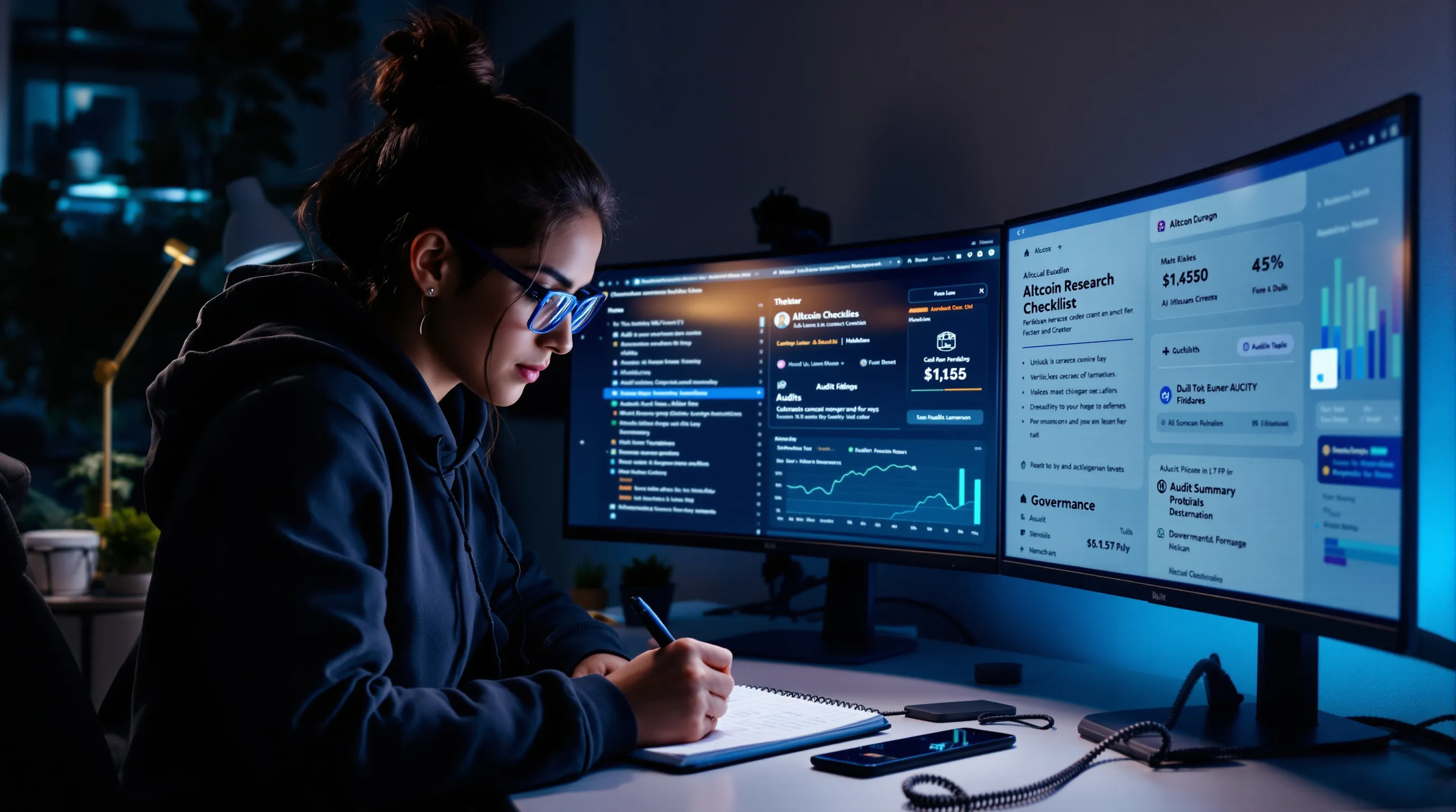 Analyst reviews on-chain data and audits on multi-monitor setup at night.