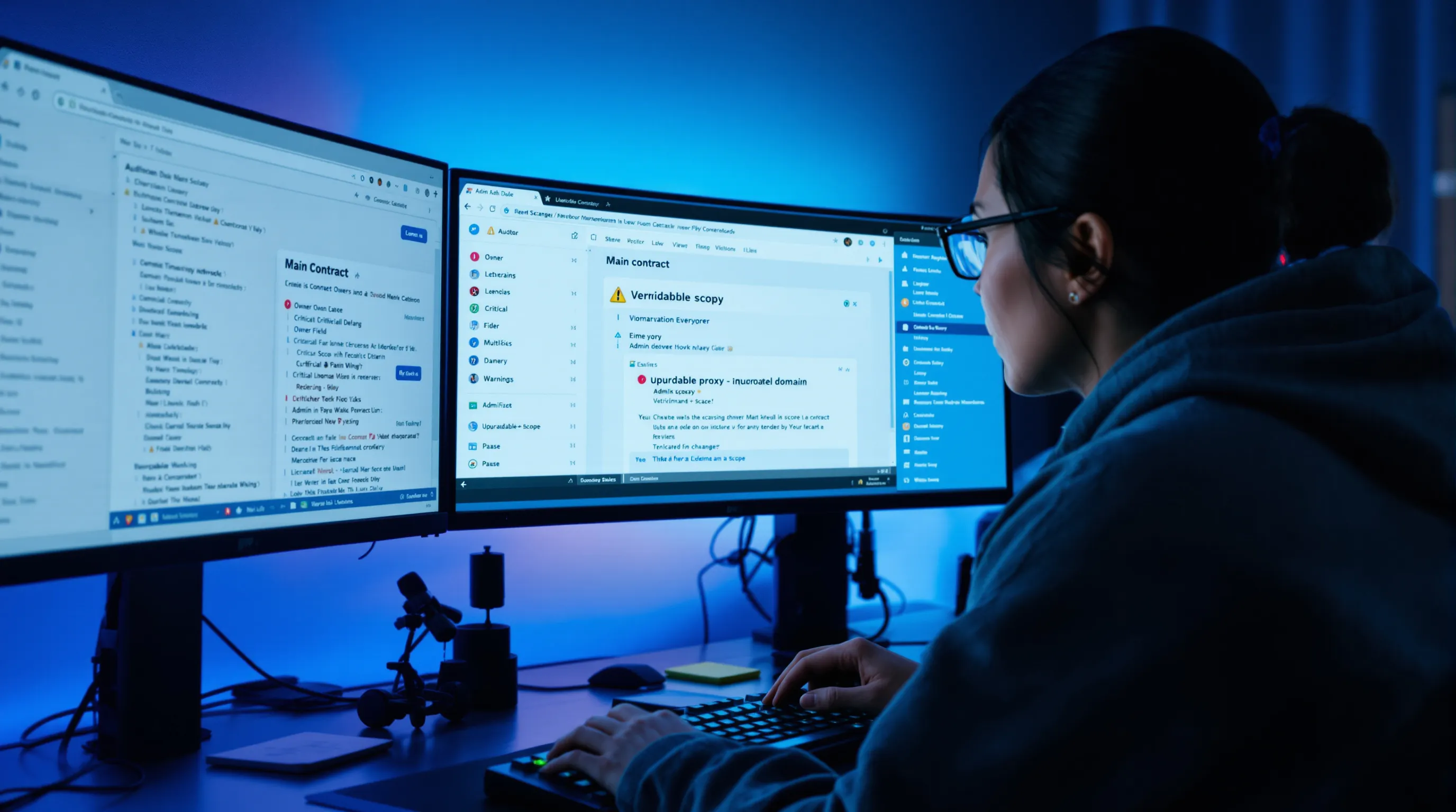 Analyst verifies altcoin code, audits, and contract controls on multi‑monitor setup.