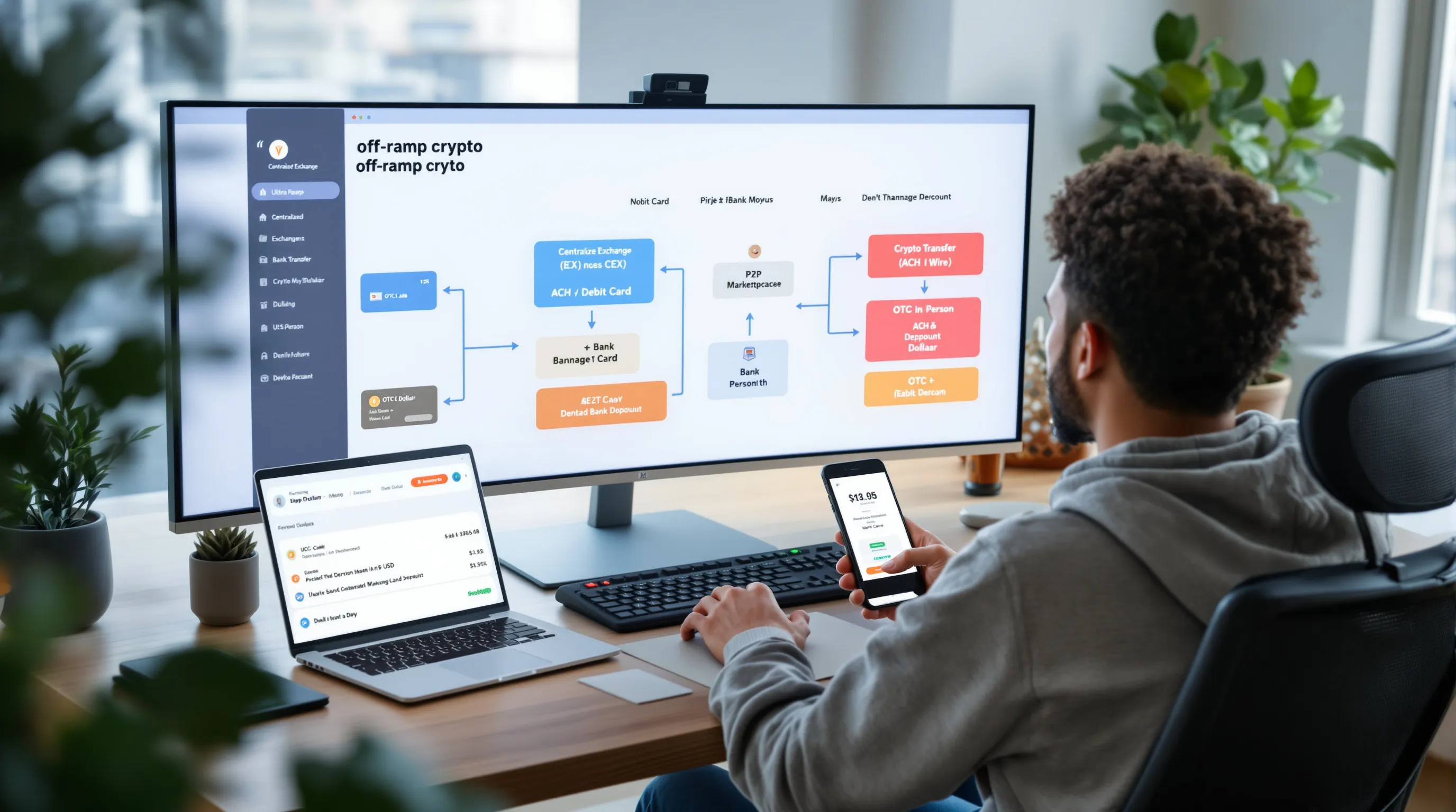 Person at computer comparing different crypto off-ramp options to a U.S. bank account.