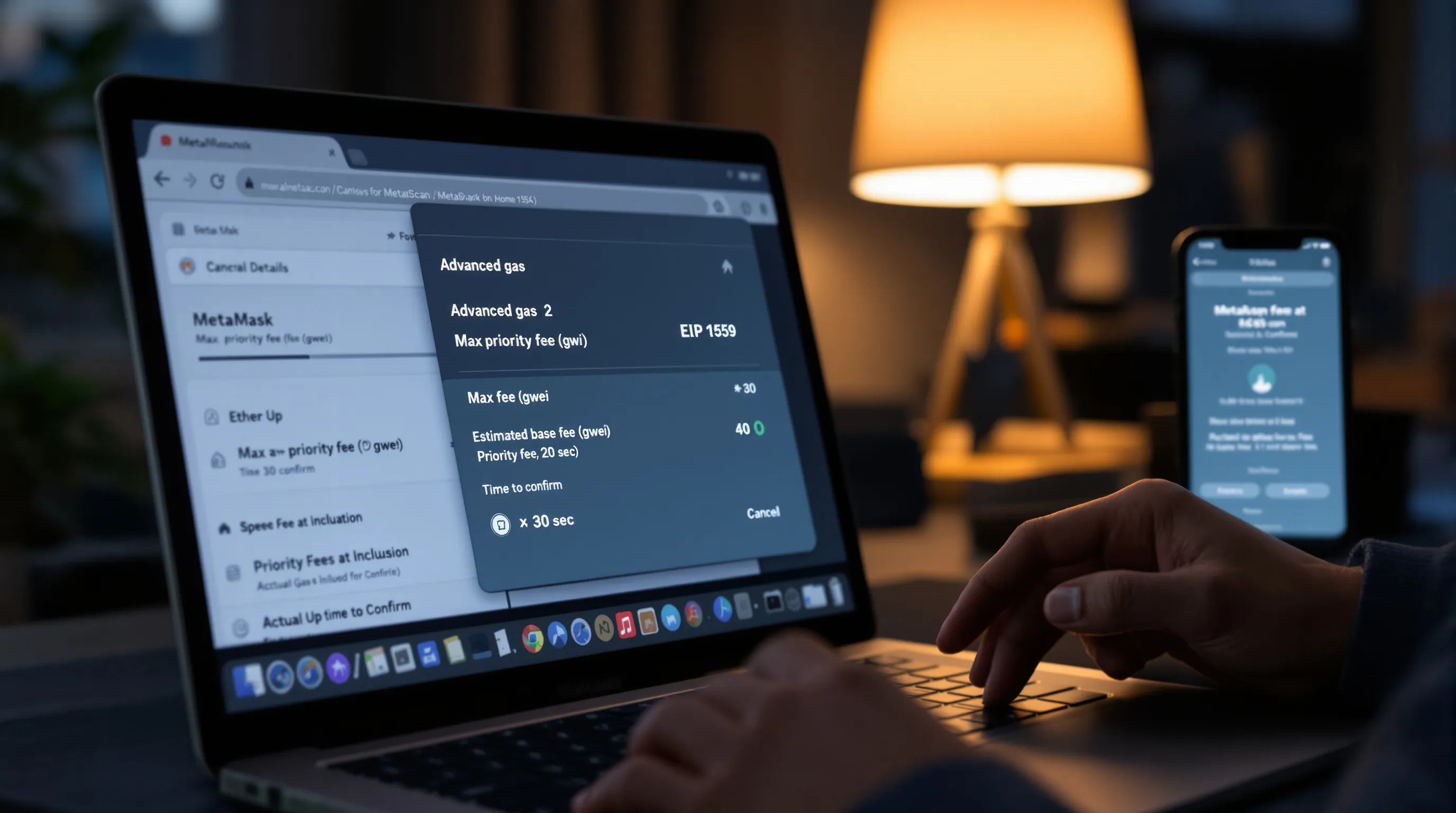 User sets MetaMask Advanced gas fees on laptop and phone at dusk.