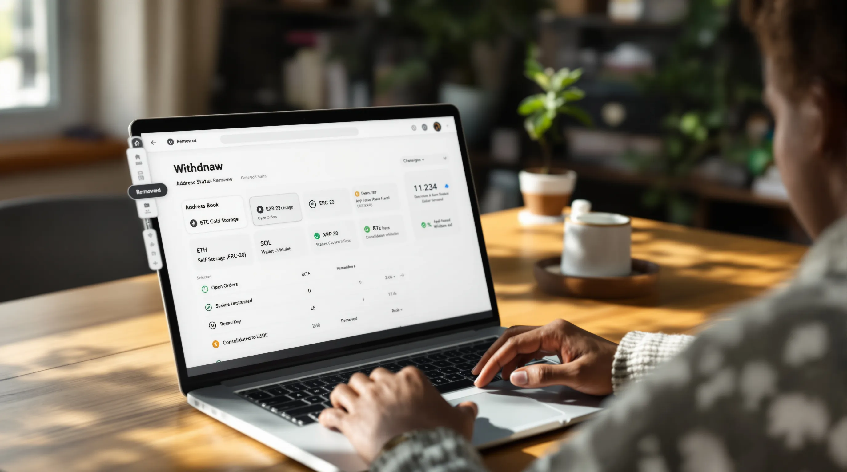 Woman securing CEX withdrawals with 2FA and labeled self-custody addresses.