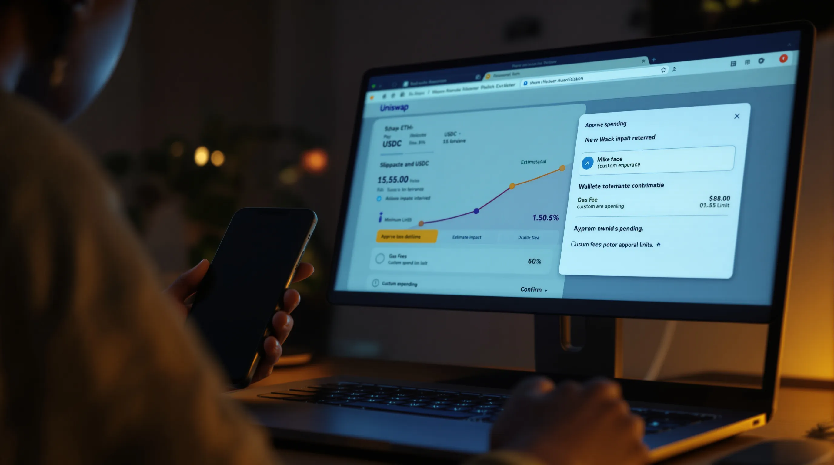 Woman confirms her first Uniswap swap, checking slippage, approvals, and gas fees.