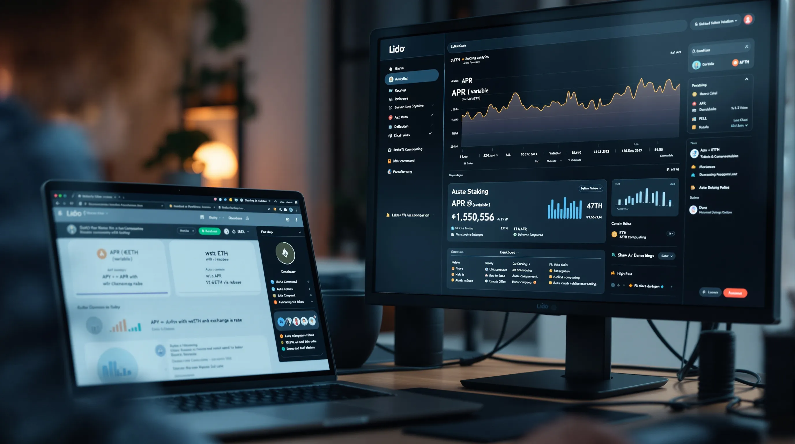 Person reviewing Lido stETH and wstETH rewards dashboards on dual monitors at night.