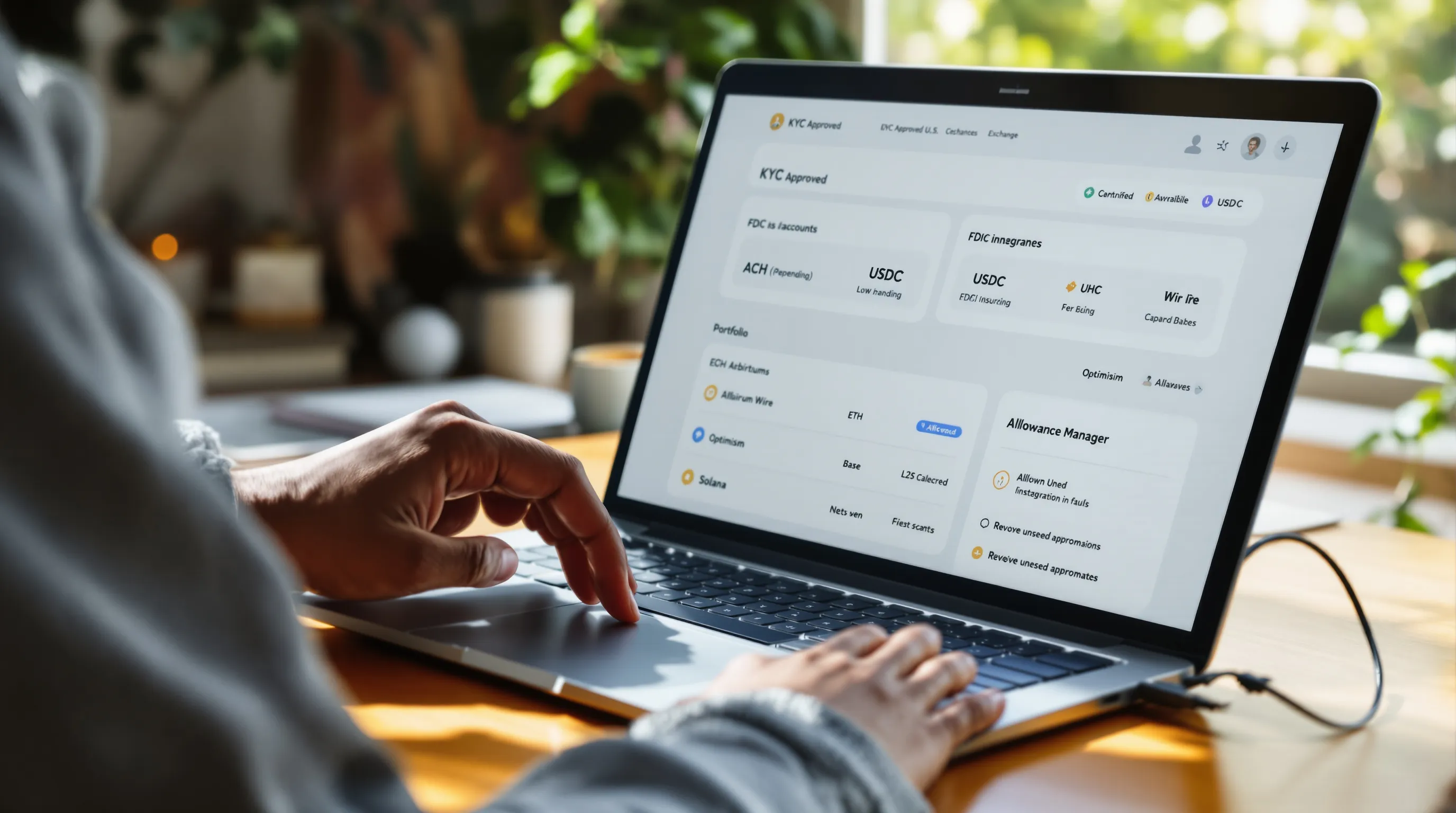 Woman using a hardware wallet to set up USDC across low-cost networks.