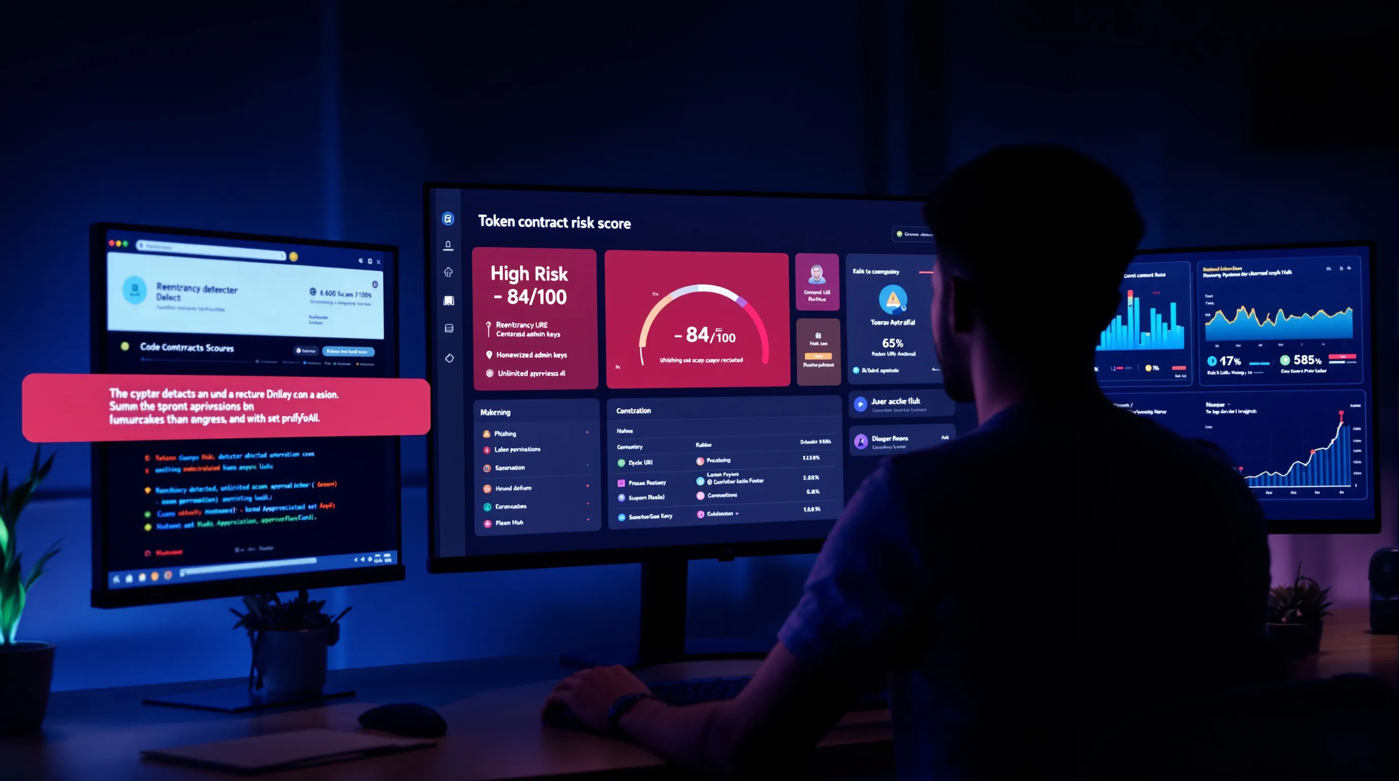 Crypto user at home reviewing a crypto security scanner dashboard with risk alerts.