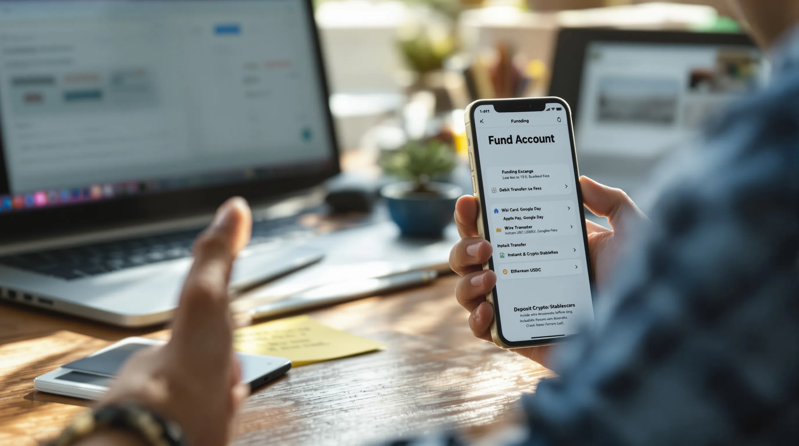Over-shoulder view of funding options on a crypto app with U.S. banking cues.
