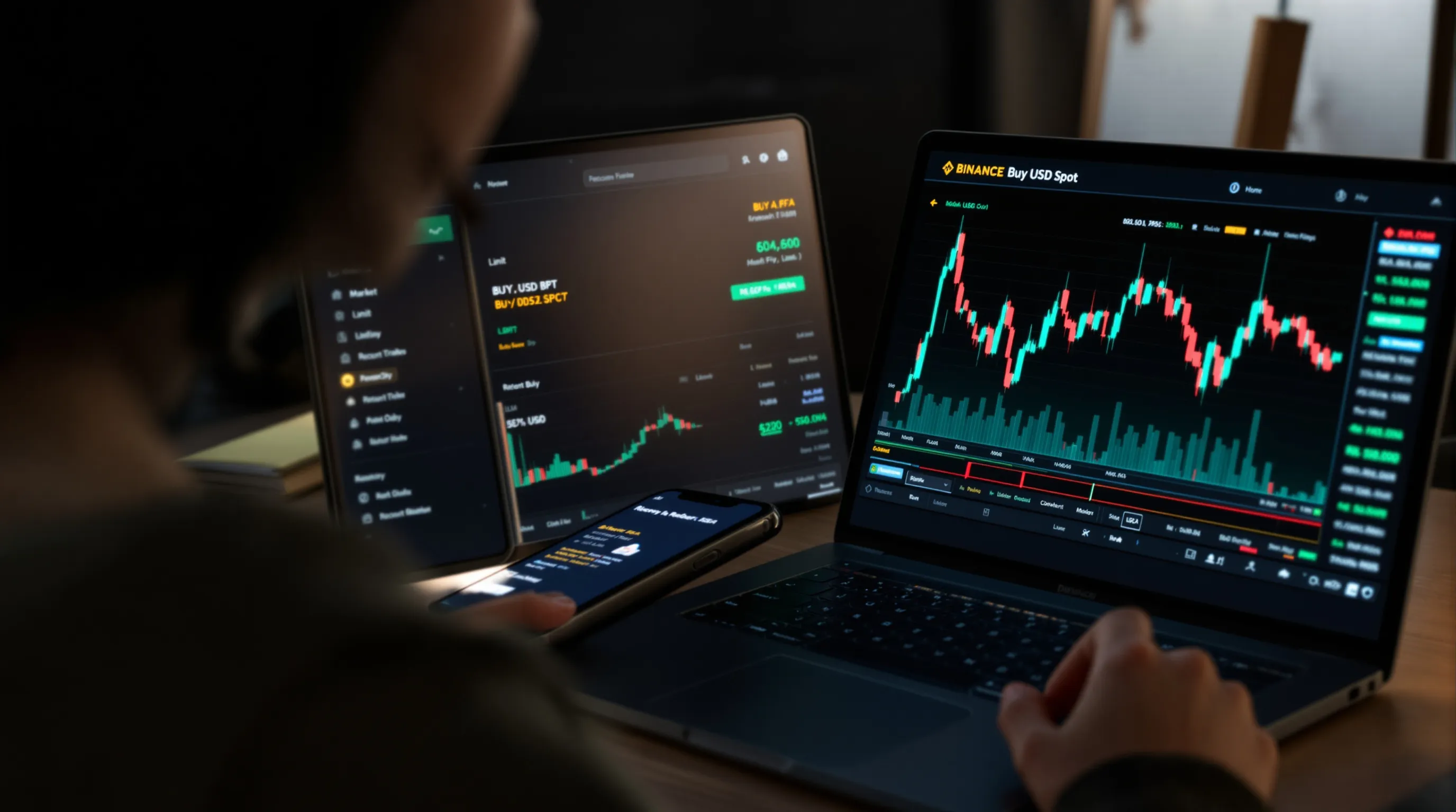 Woman placing her first BTC market order on Binance in 2025.