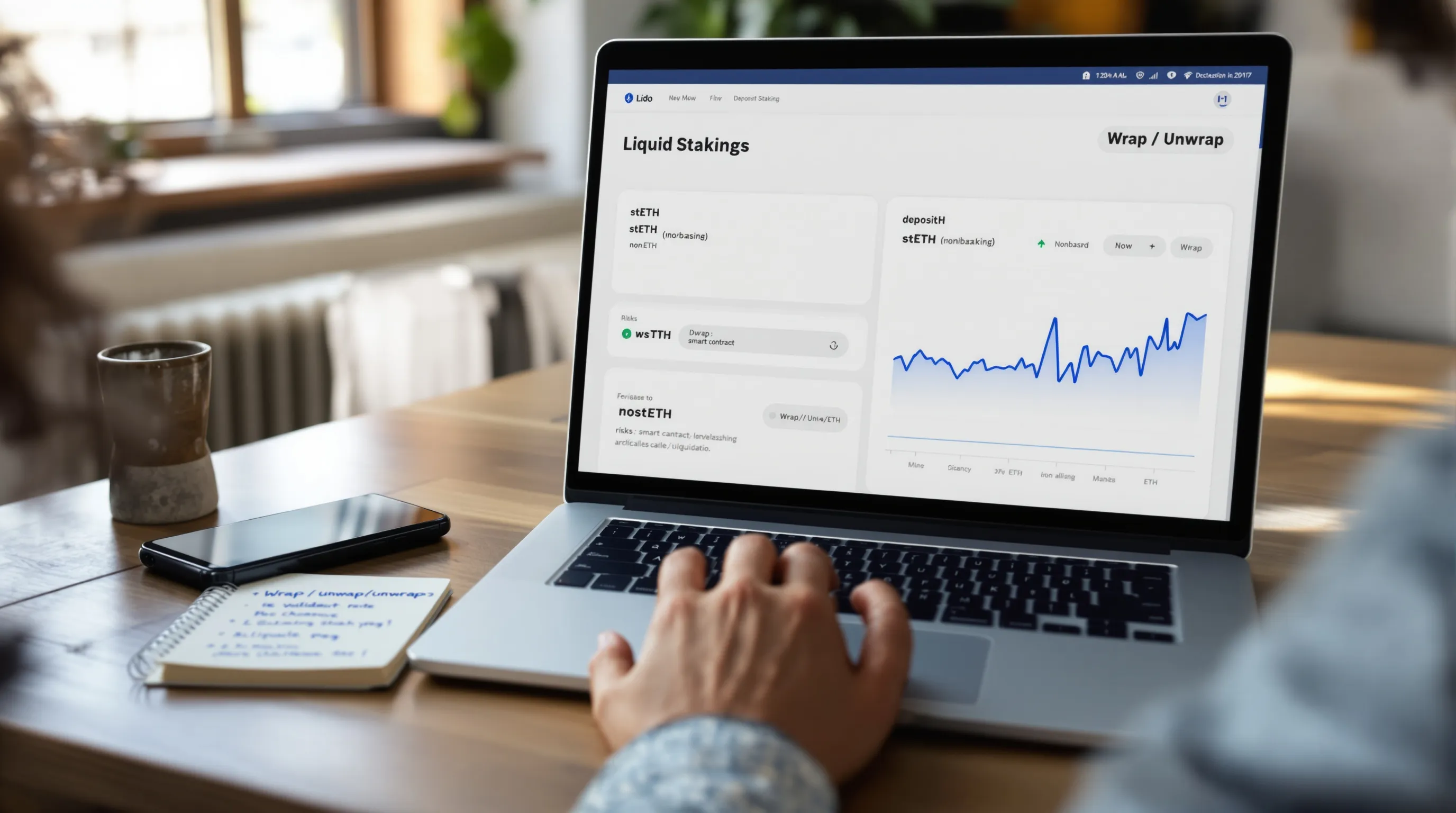 Investor compares stETH and wstETH on Lido dashboard at a home desk.