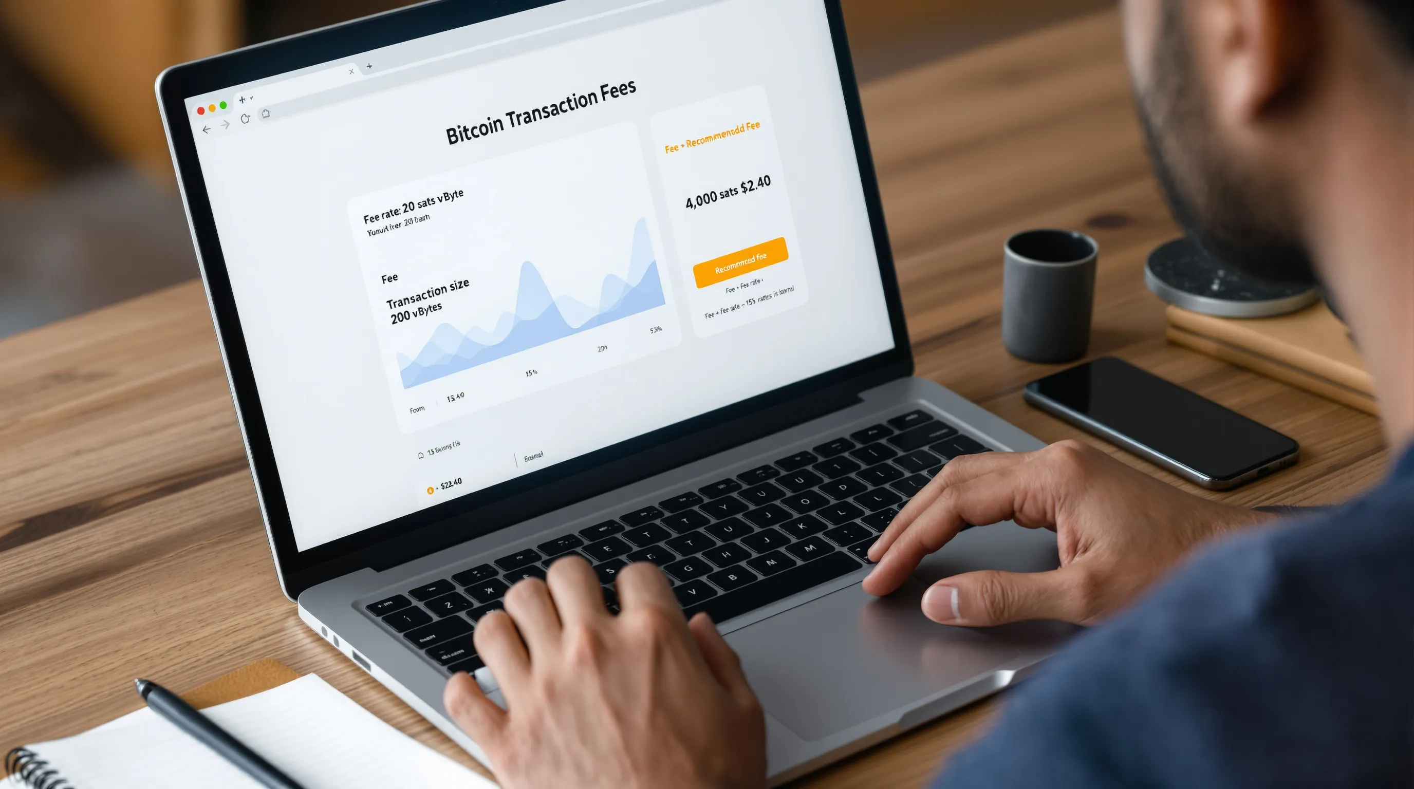 Person checking Bitcoin transaction fee breakdown on a laptop at a home desk.