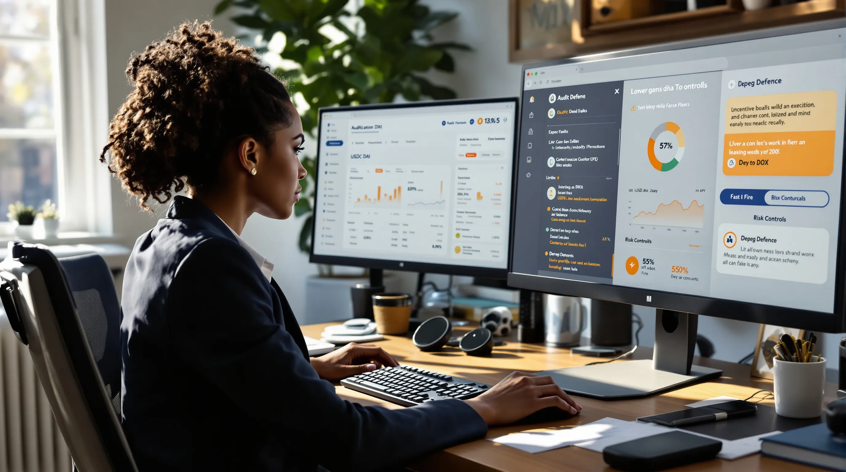 Investor reviews stablecoin yield, risk controls, and U.S. tax documents at desk.