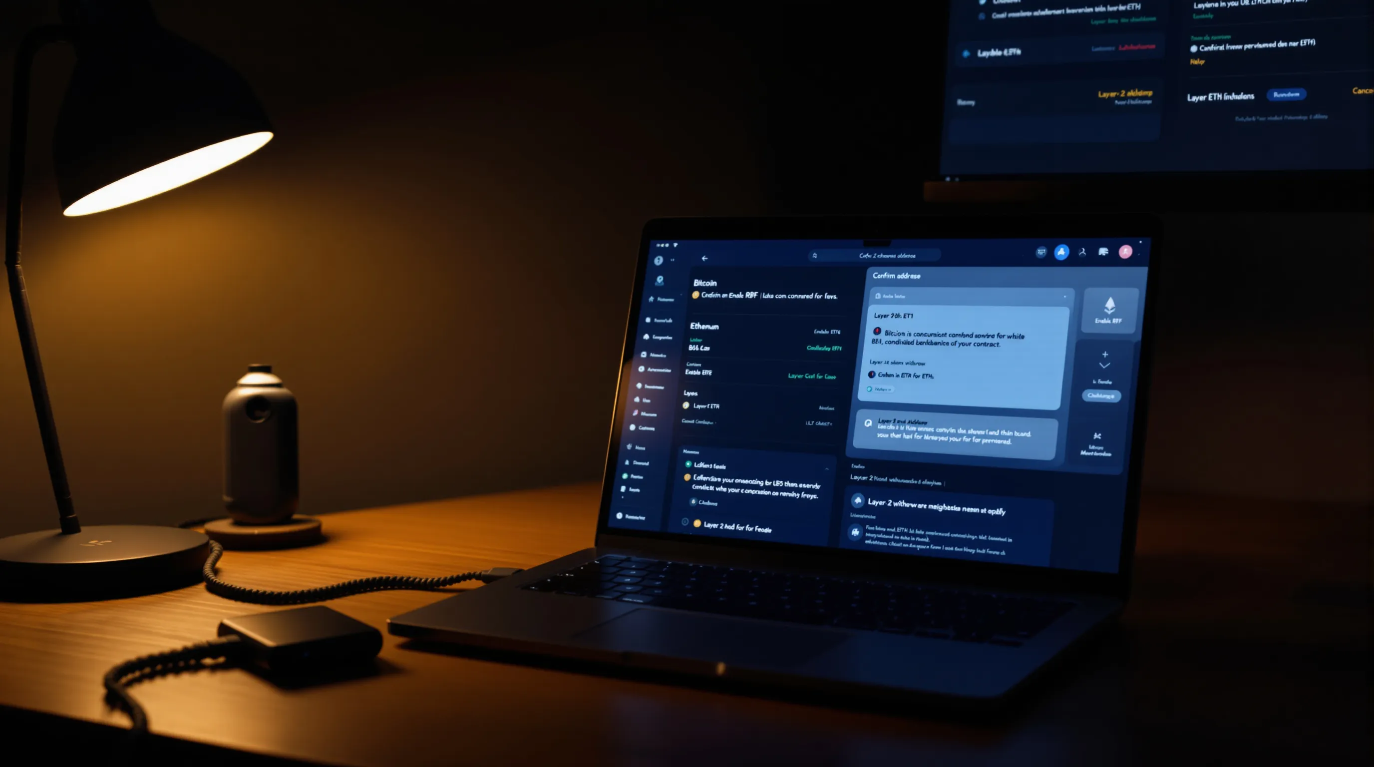 Person verifying crypto transfer details with hardware wallet at a desk.