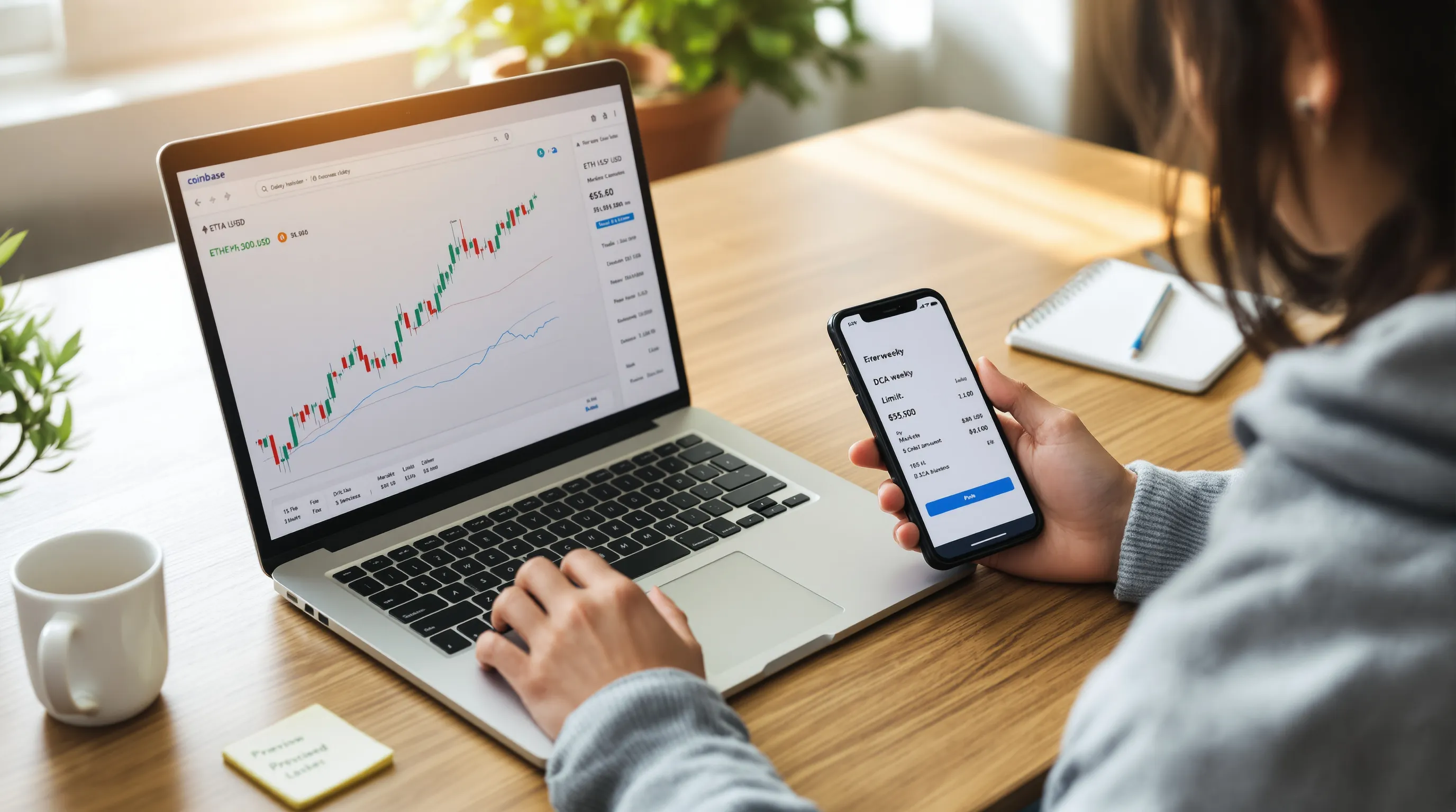 Woman compares market, limit, and recurring Ethereum buys on Coinbase at desk.