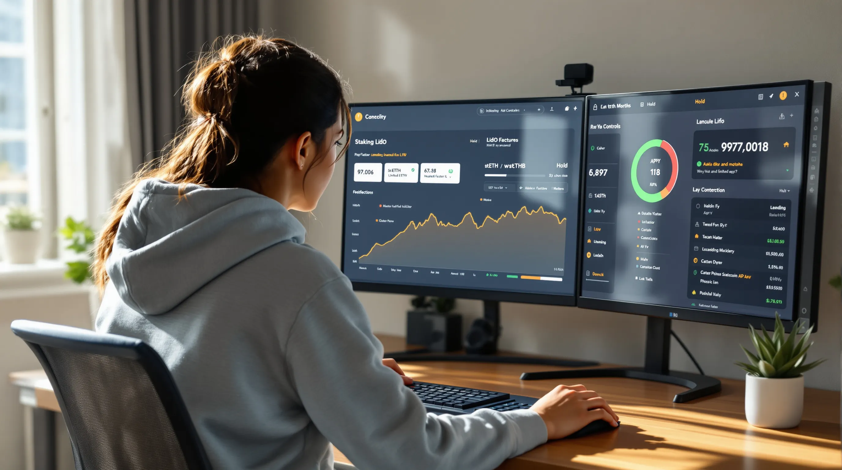 Investor reviews stETH risk controls on dual monitors with DeFi dashboards and alerts.