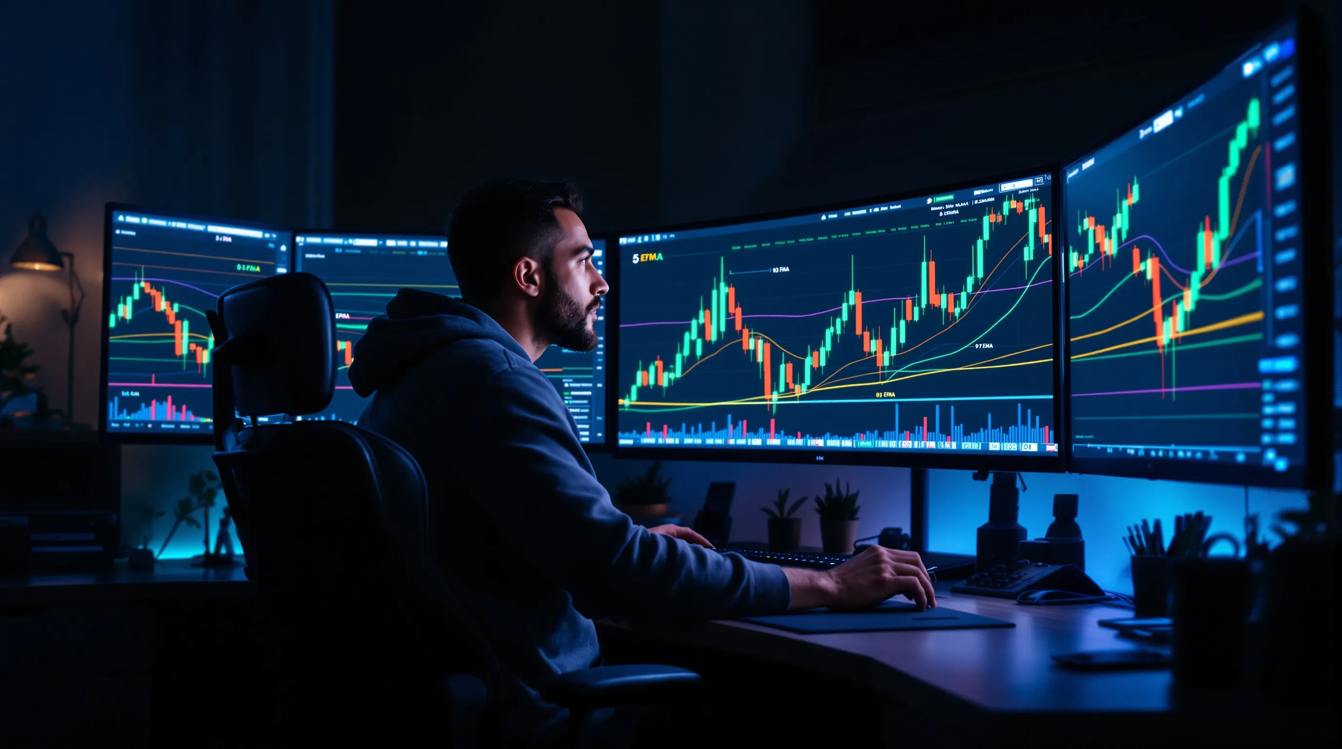 Crypto trader analyzing Bitcoin charts with multiple short-, medium-, and long-term EMAs.