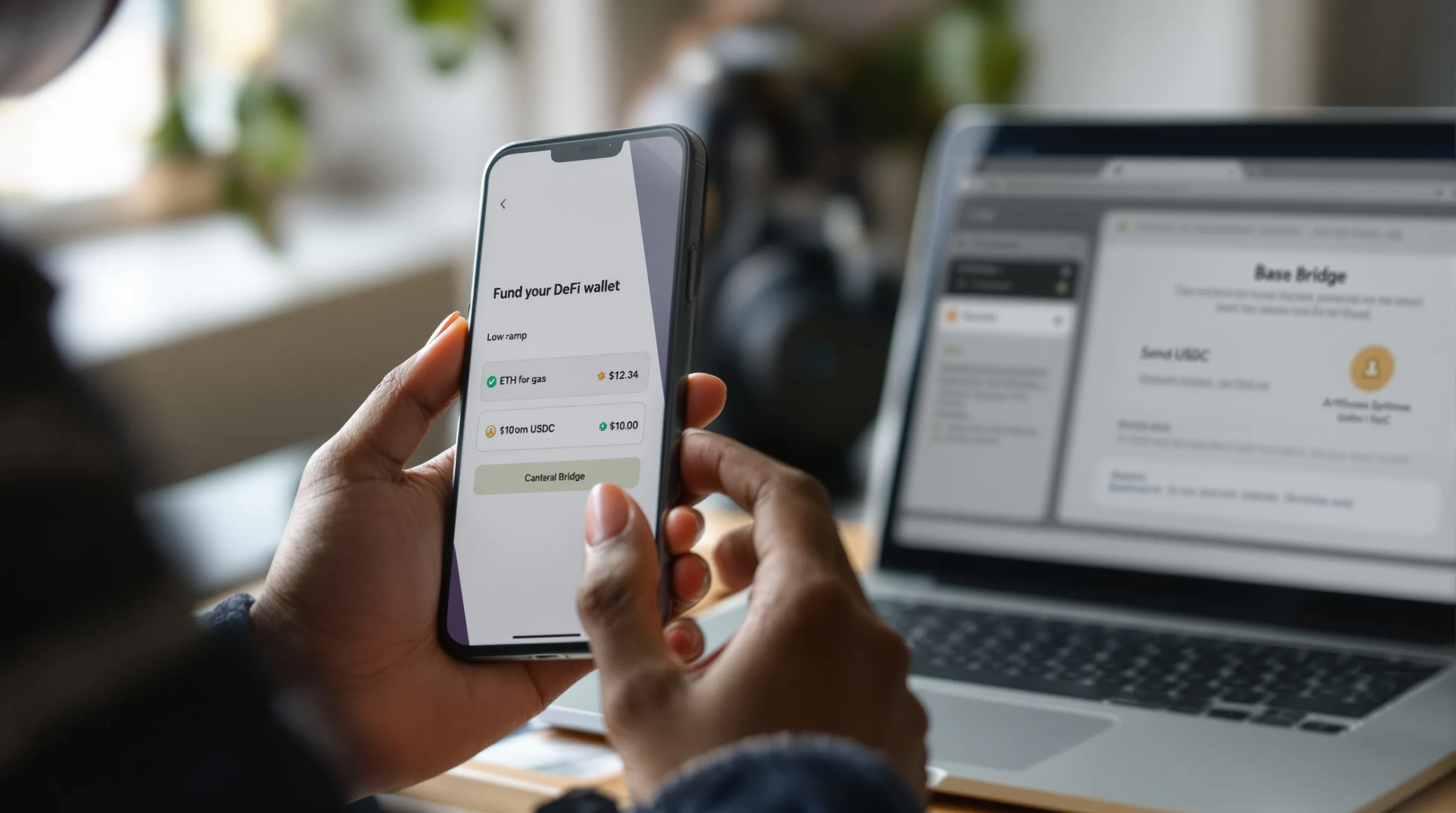 Beginner funds a DeFi wallet with a small USDC test and ETH gas.