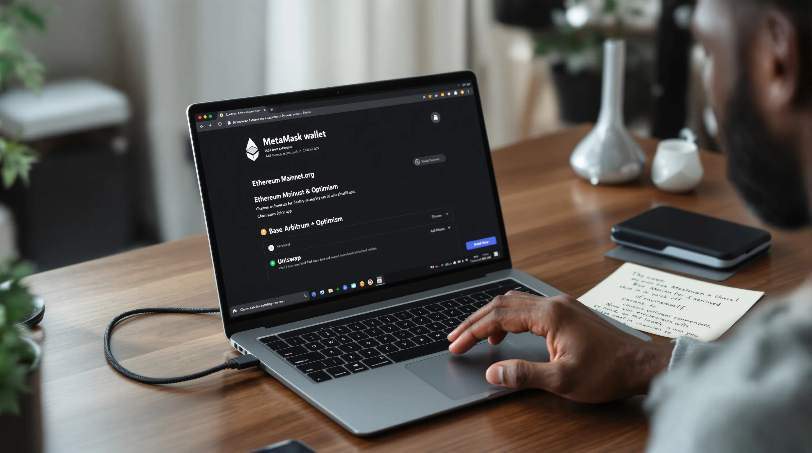 Man setting up MetaMask, adding networks, and securing seed phrase with hardware wallet.