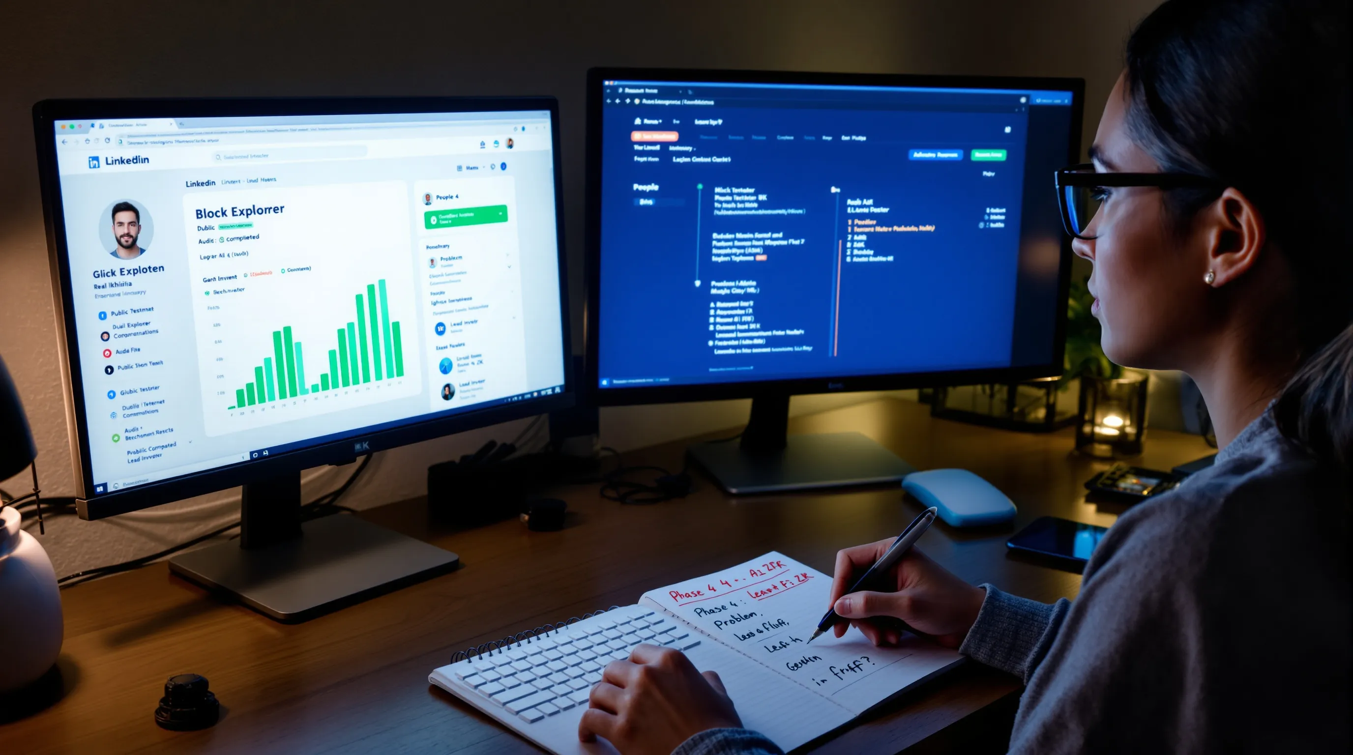 Analyst cross-checks altcoin team, wallets, market, and roadmap on dual monitors.