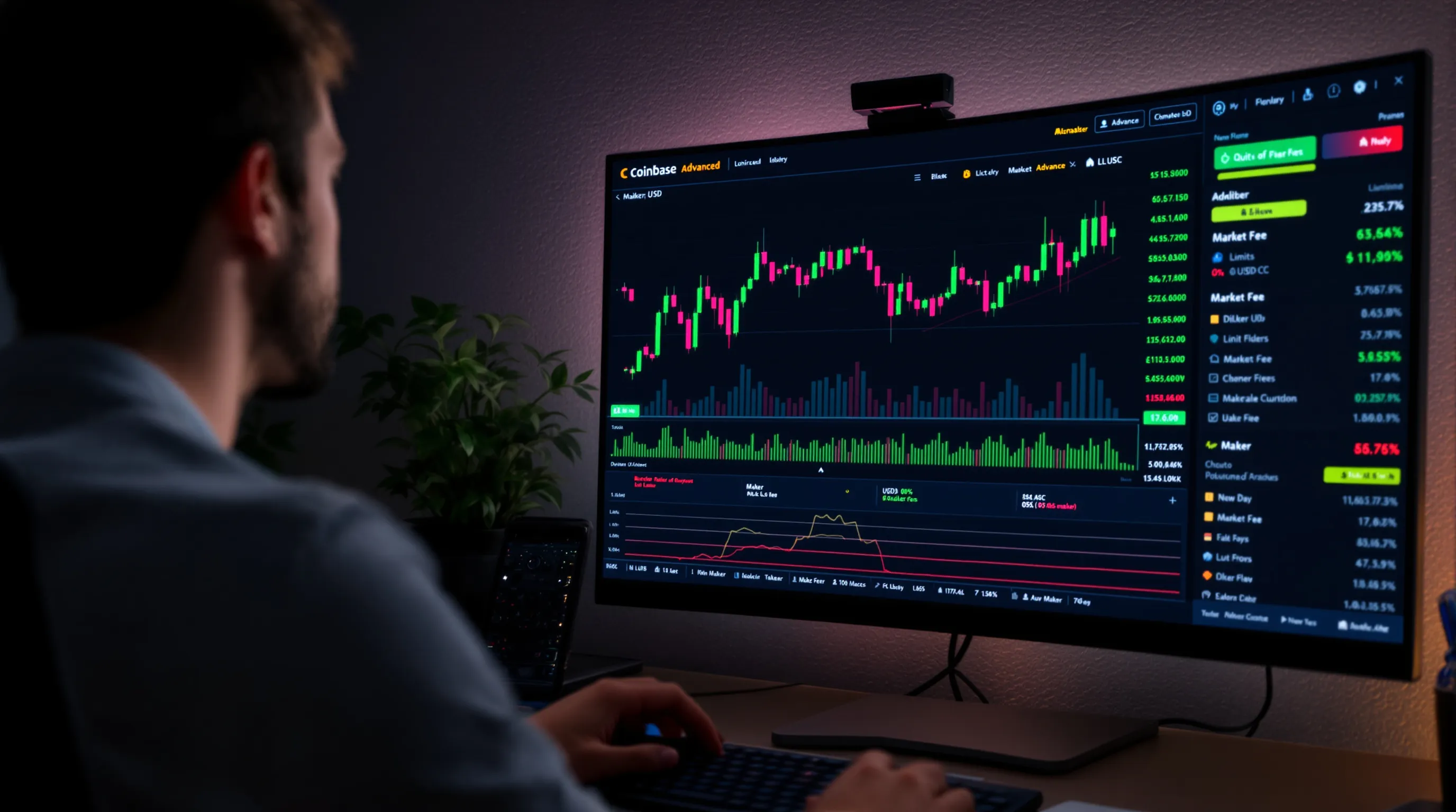 Trader views Coinbase Advanced order book with maker and taker fees highlighted.