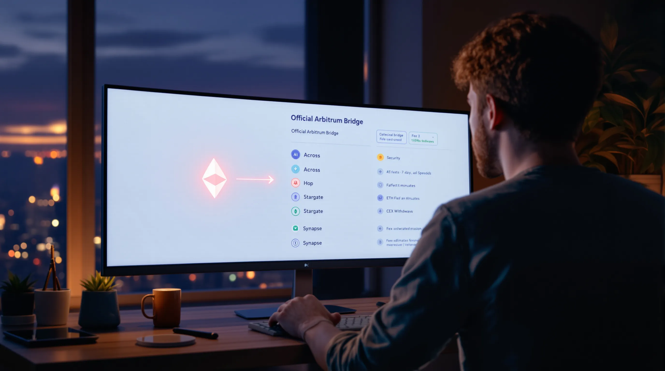 User comparing Ethereum to Arbitrum bridge options on a desktop at night.