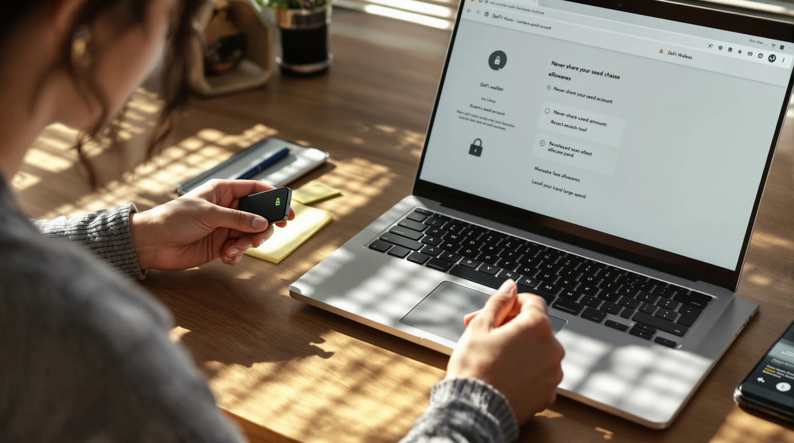 Beginner secures DeFi wallet with hardware device and offline seed backup.