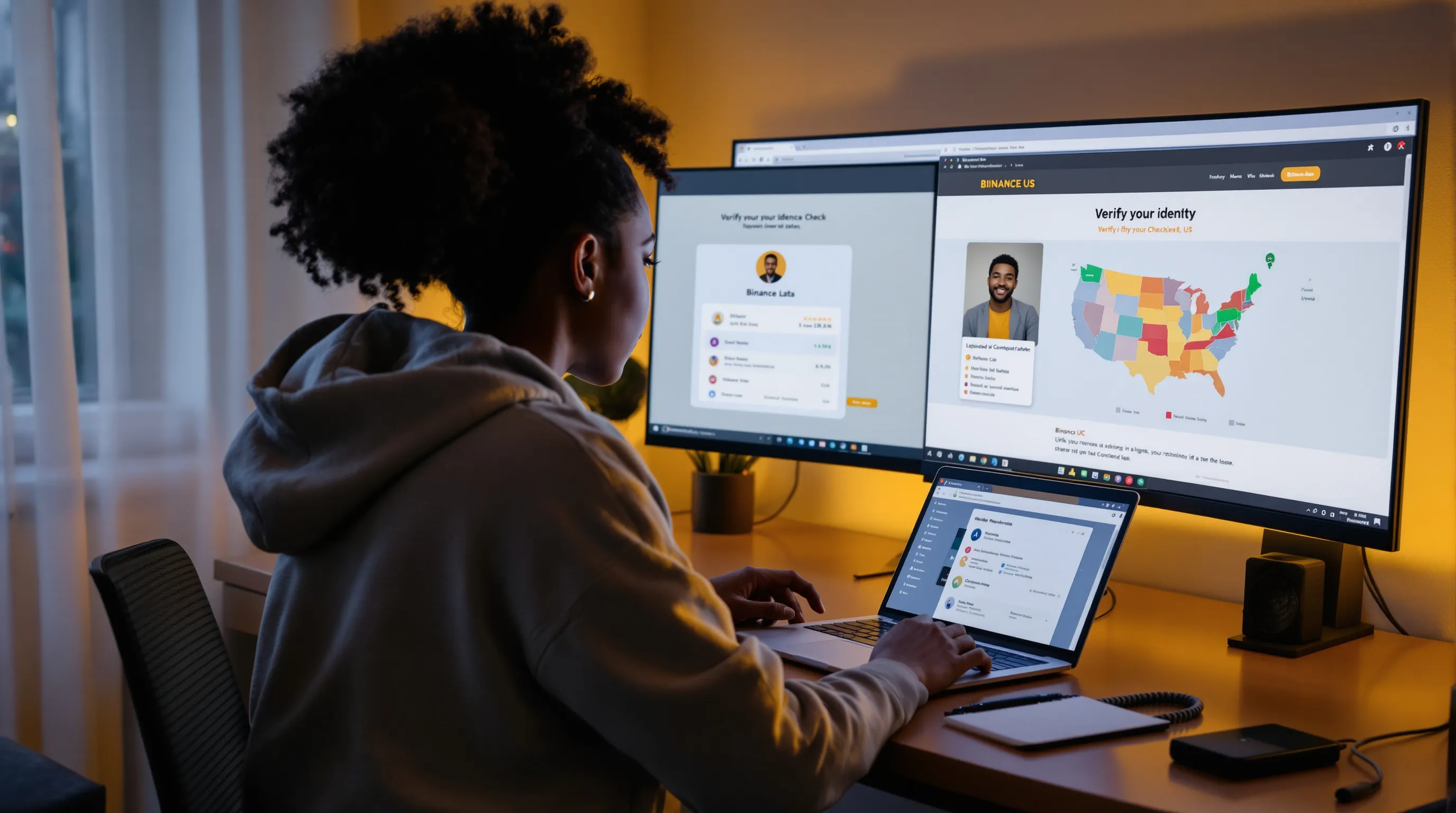 Woman completes Binance.US ID verification with driver’s license and supported states map.