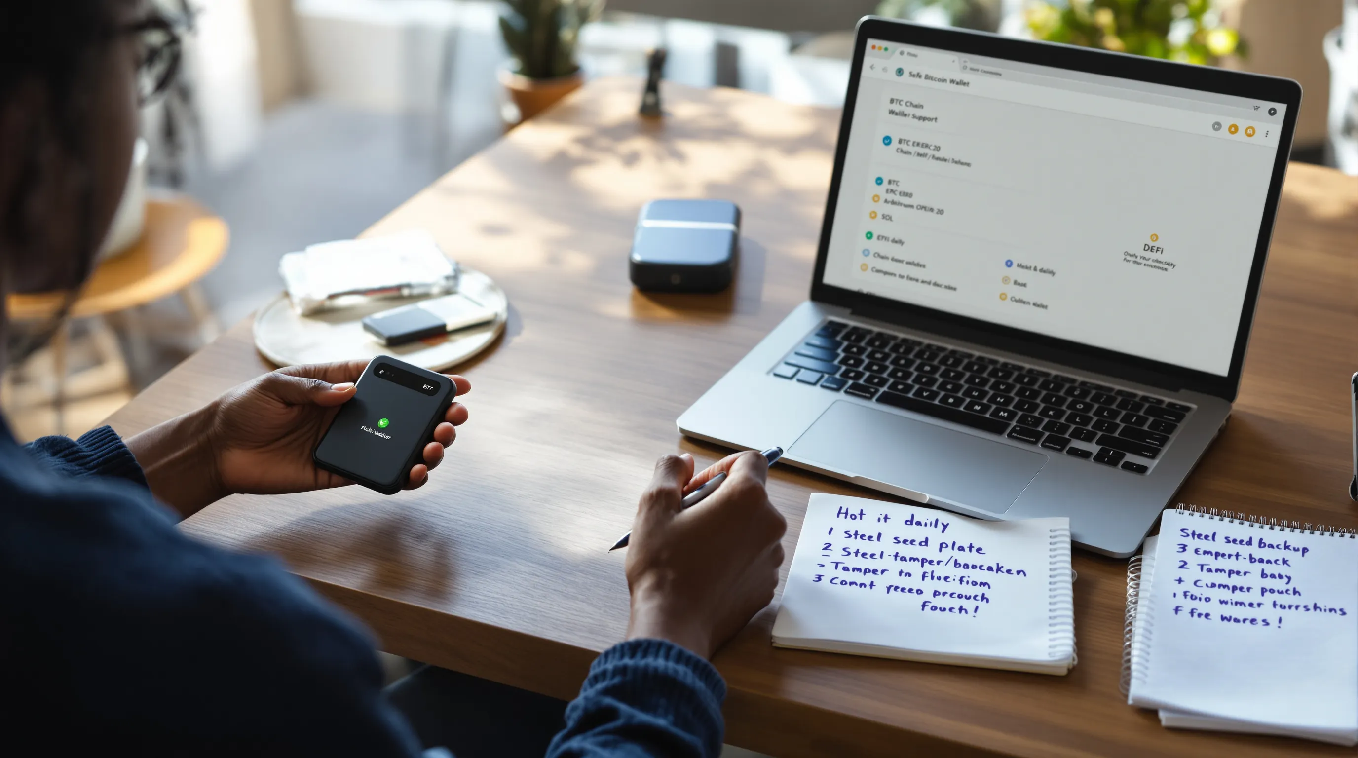 Woman sets up secure self-custody with hardware wallet and hot/cold plan.