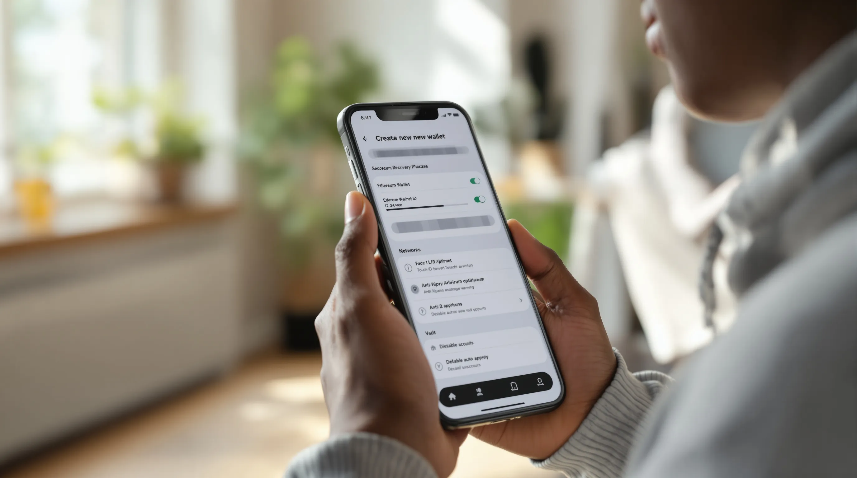 Beginner sets up a DeFi wallet, backing up seed phrase and enabling security.