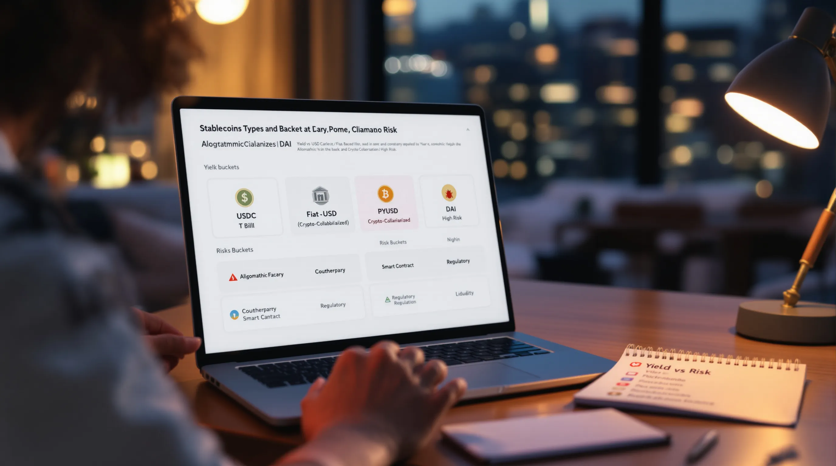 Analyst reviews stablecoin types and risks on a laptop in a U.S. home office.