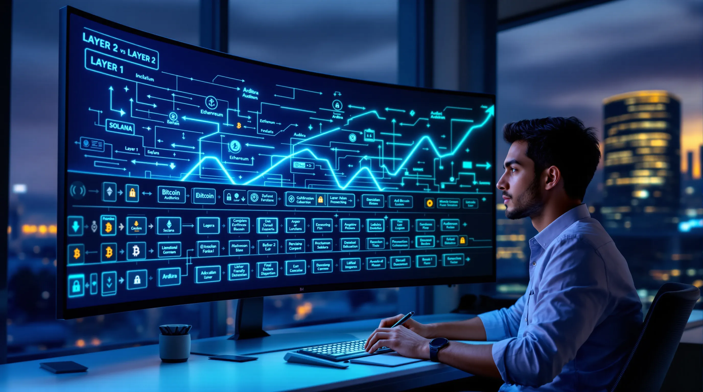 Analyst studies Layer 1 base blockchain and Layer 2 scaling layers on screen.